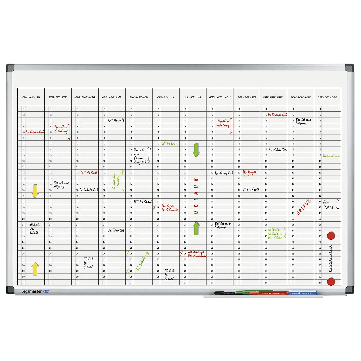 Legamaster 7-412000 Premium Jahresplaner, UV-gehärtetes Whiteboard, vertikale Jahresübersicht, 90 x 60 cm | Monatsplaner, magnetisch, BxH 900 x 600 mm, vertikale Einteilung