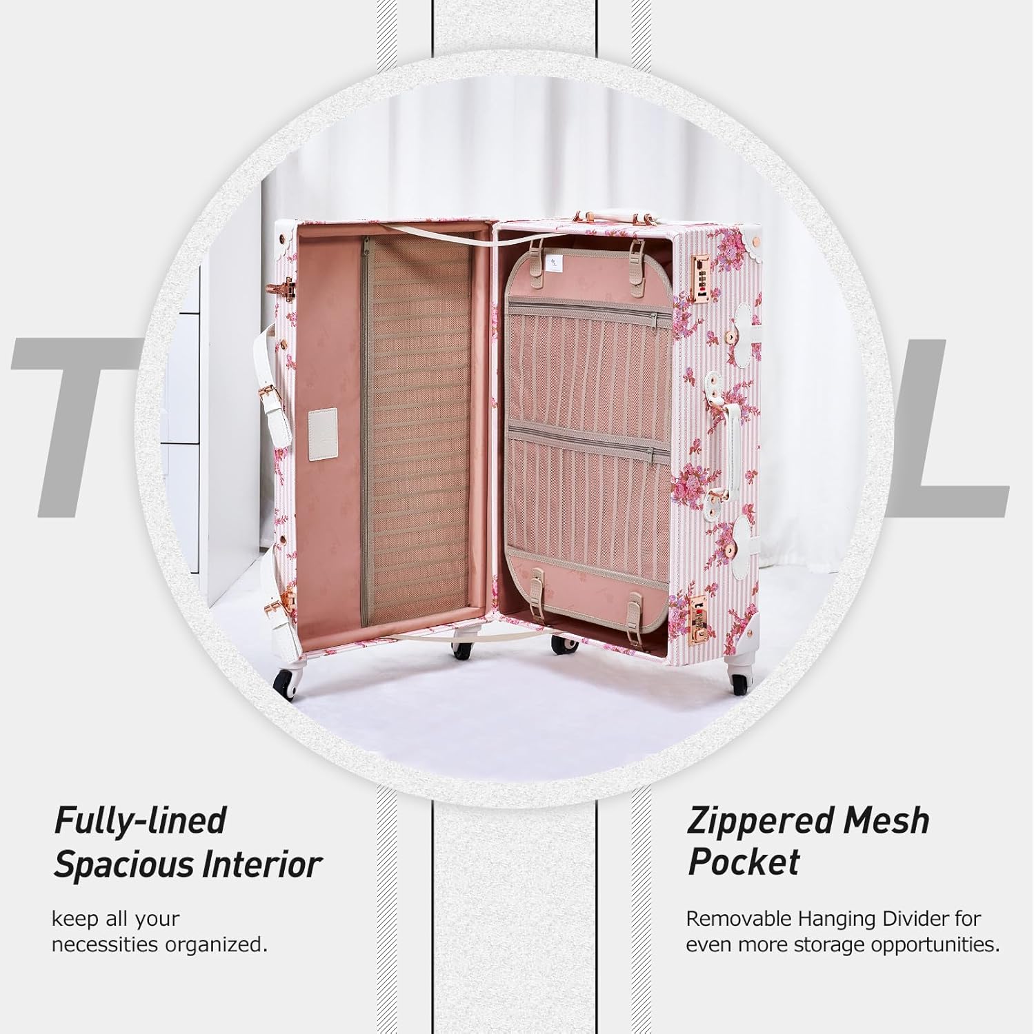 Unitravel Vintage Luggage Set, 3 Piece Retro Suitcase with Spinner Wheels Combination Lock and Carry On Cosmetic Train Case for Women (Pink Floral, 26"+20"+12")