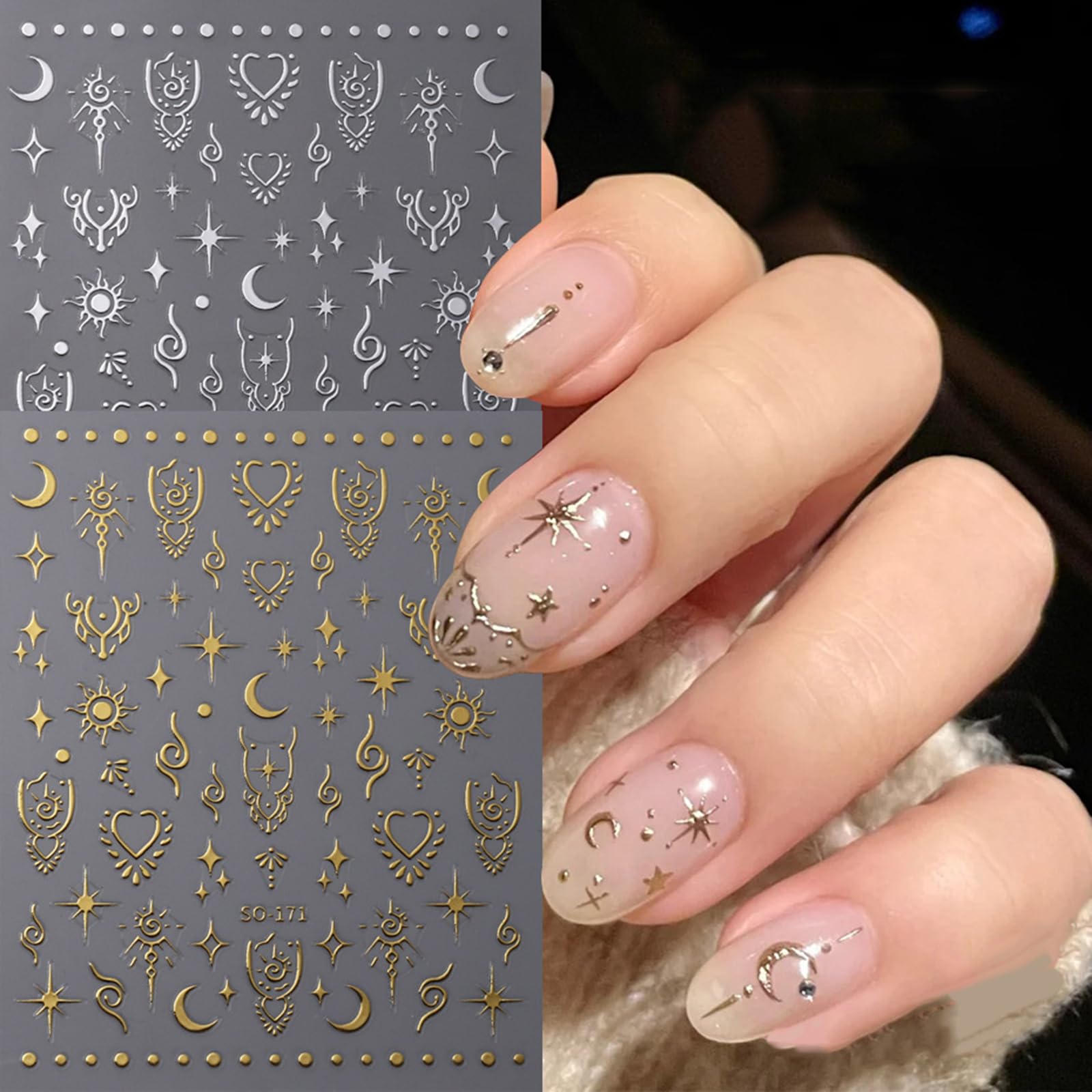LETSWIN 3D Sun Moon Star Nail Art Stickers, 6 Sheets Non-Toxic Material Decals for Women Nail Decorations