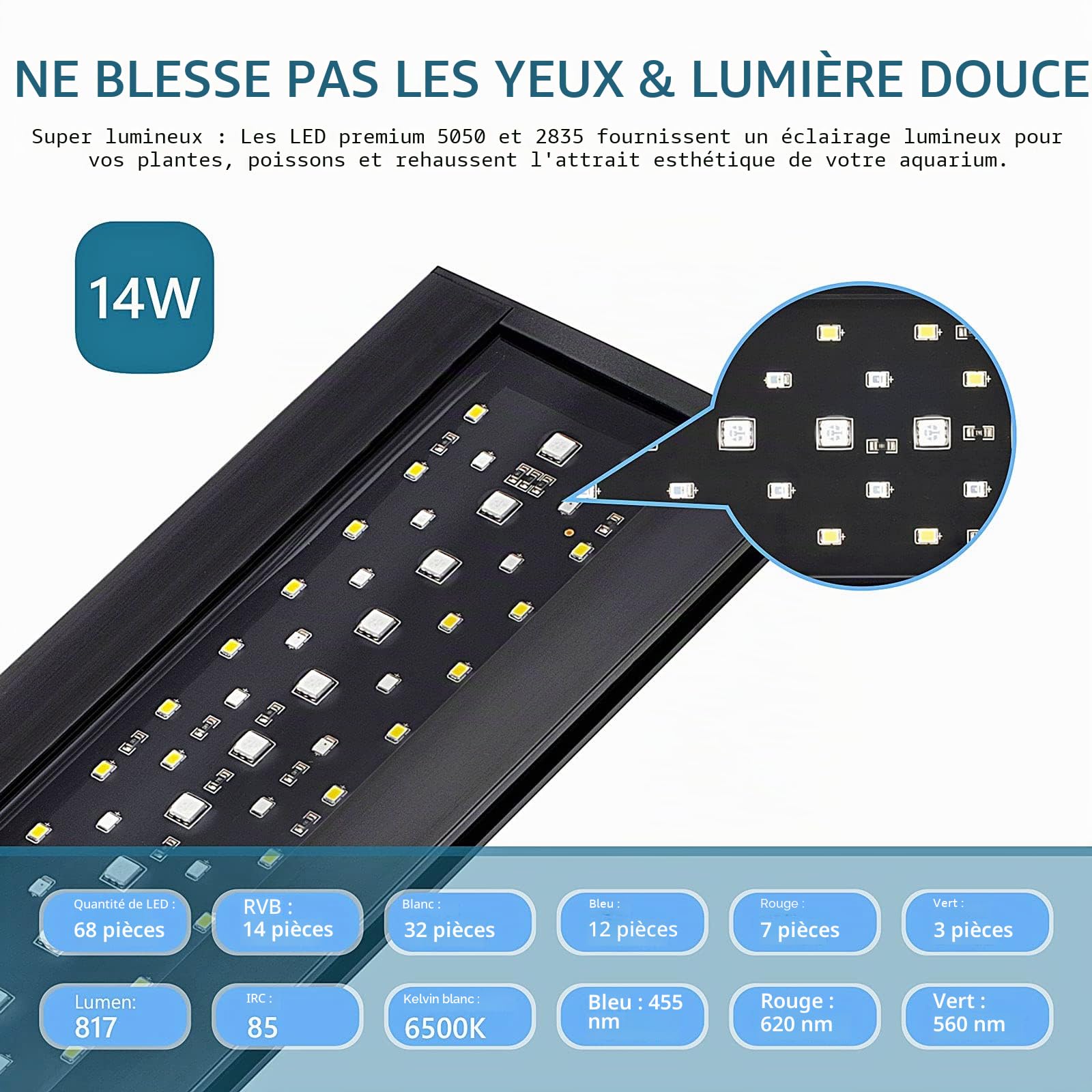 hygger Éclairage Aquarium à Spectre 24/7 Lumière LED Réglable pour Aquarium, 14 W Spectrum Led Light avec 7 Couleurs, Plusieurs Modes, Timer Luminosité Réglable
