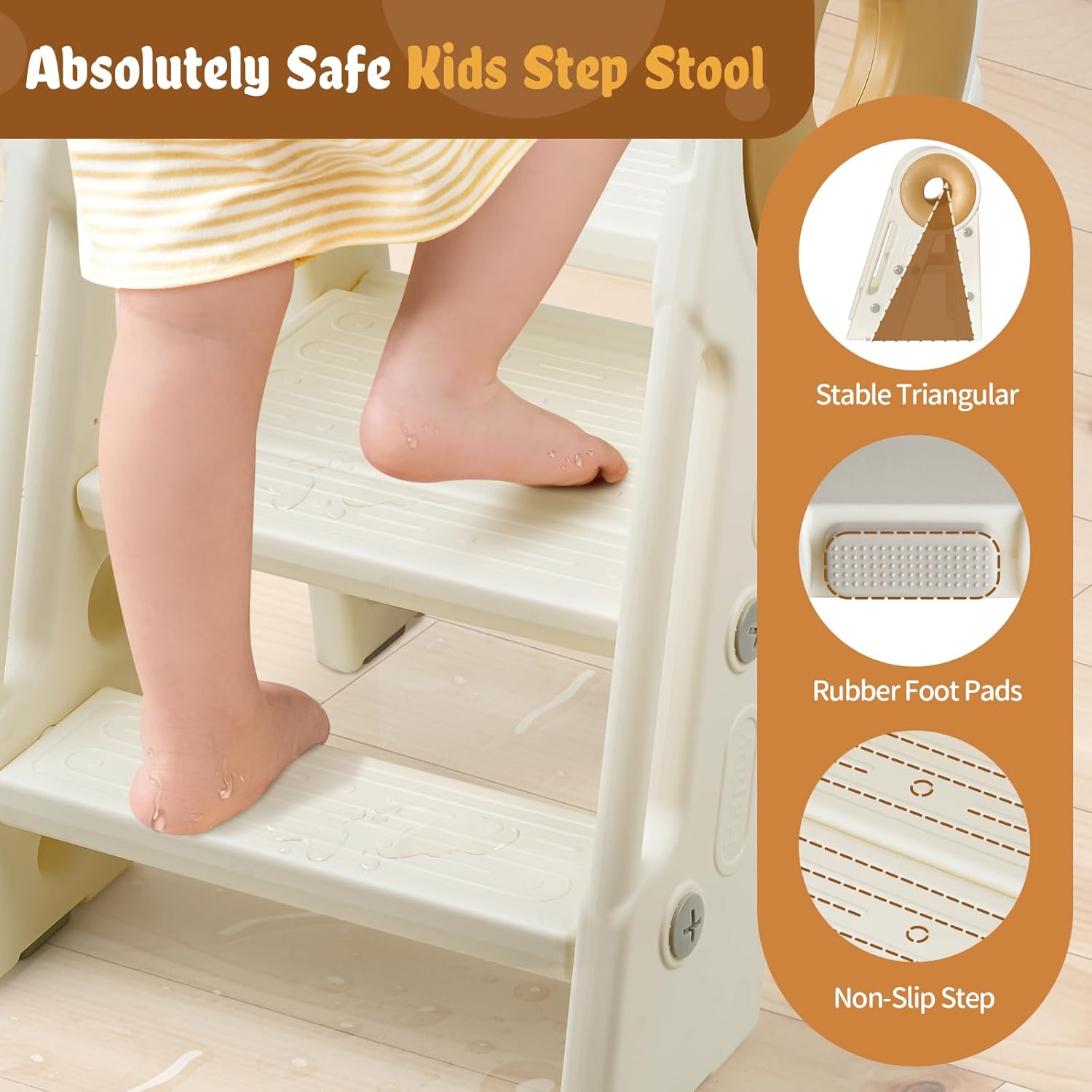 Foldable 2-3 Step Toddler Stool for Bathroom Sink, Non-Slip Kids Helper, Potty Training Toilet Step, Adjustable Child Standing Stool, Ages 18 Months to 3 Years (Cream)