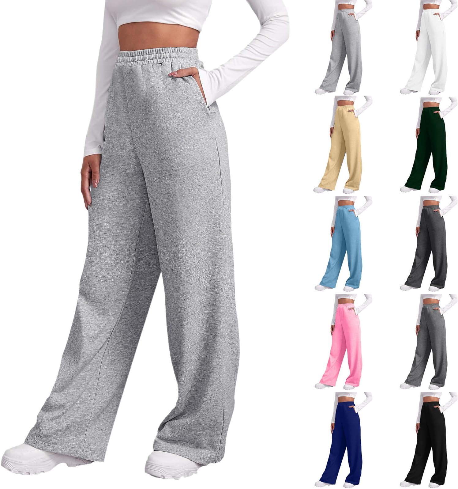 GMPC Baggy Wide Leg Sweatpants for Women Fleece Joggers with Pockets Comfy High Waist Lounge Pants Casual Drawstring Joggers