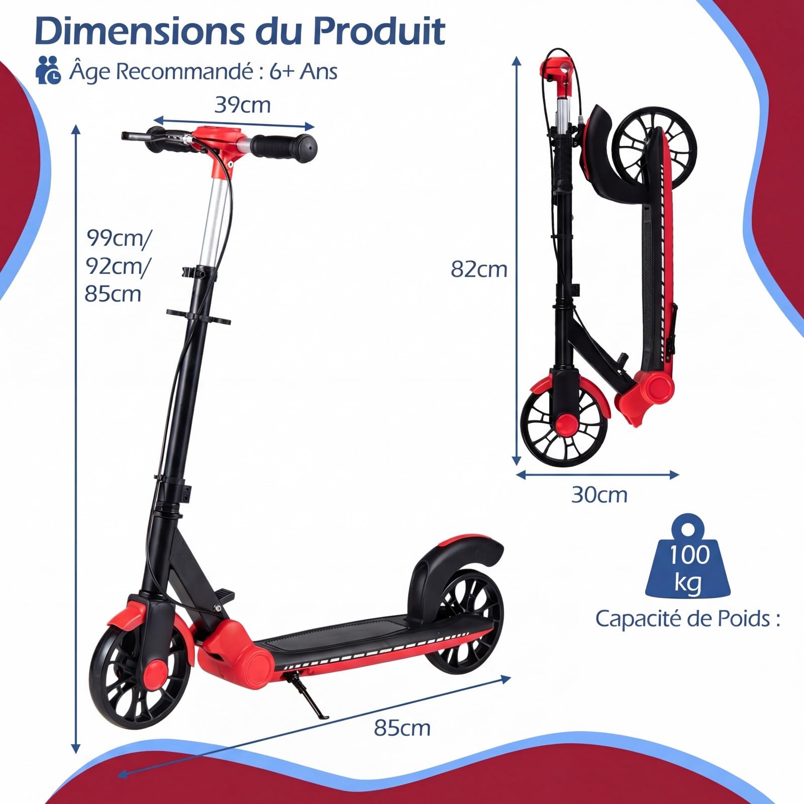 COSTWAY Trottinette Enfant Adultes(Charge Max 100 kg) avec Roues Lumineuse LED 180mm, Trottinette Freestyle Pliable avec Béquille et Guidon Réglable, ABEC-7, Plateforme Antidérapante, 6 Ans+