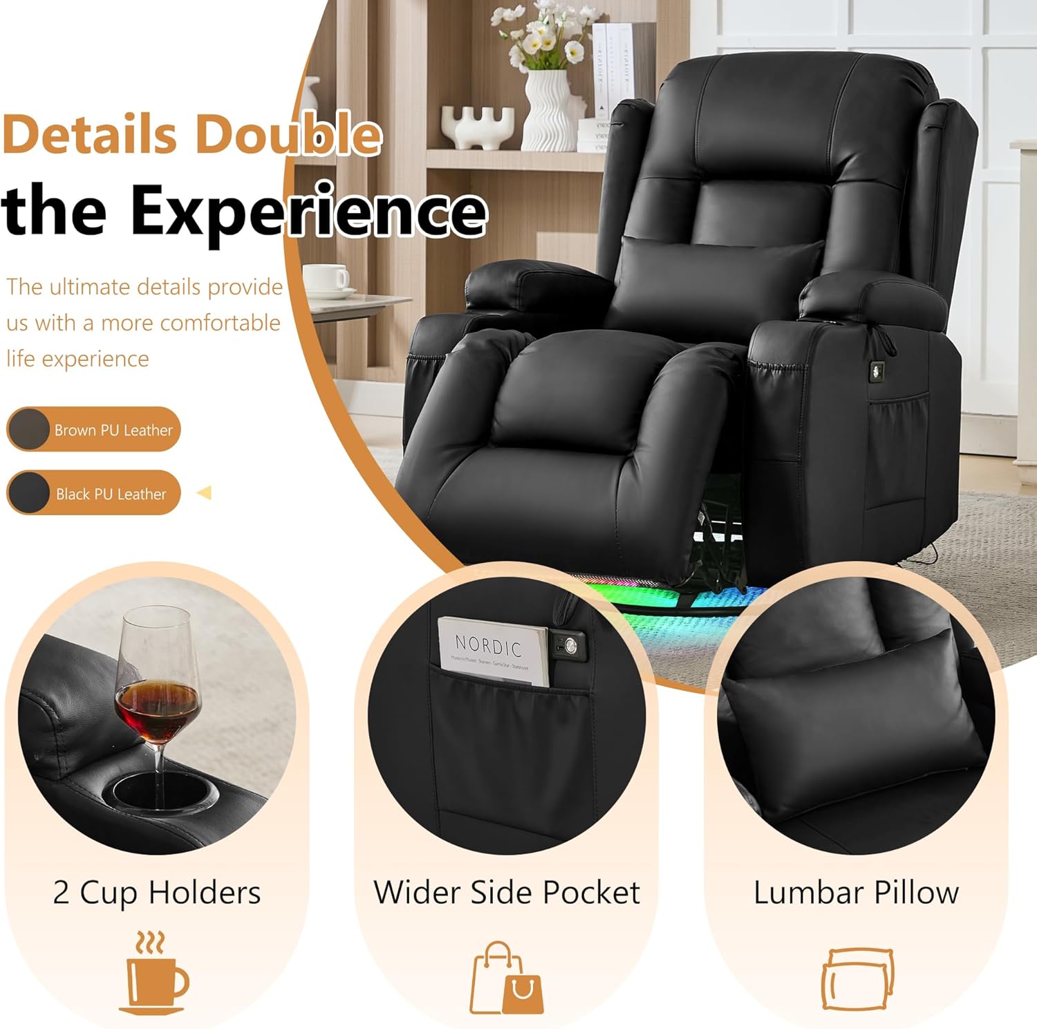 URRED Rocker Recliner Chair for Adults, 270° Swivel Glider Reclining Single Sofa with LED Ambient Light and Storage, Faux Leather Recliner for Living Room or Home Theater (Black, Set of 1)