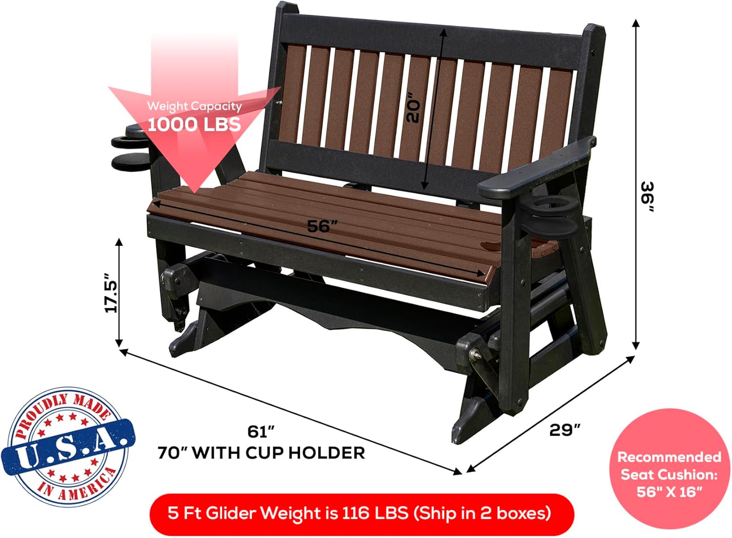 5 FT Brown Amish-Made Porch Glider – 1000 lb Heavy-Duty Poly Lumber wood Mission Bench – USA Crafted HDPE Outdoor Seating Furniture - Stainless Steel Hardware – Smooth, Quiet Glide, Silent Comfort