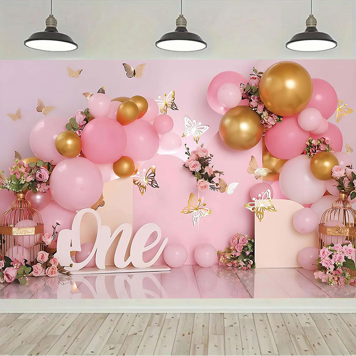 Girl 1st Birthday Backdrop Pink Balloons Gold Butterfly Sweet One Children Birthday Party Decoration Floral Photography Background Newborn Baby Shower