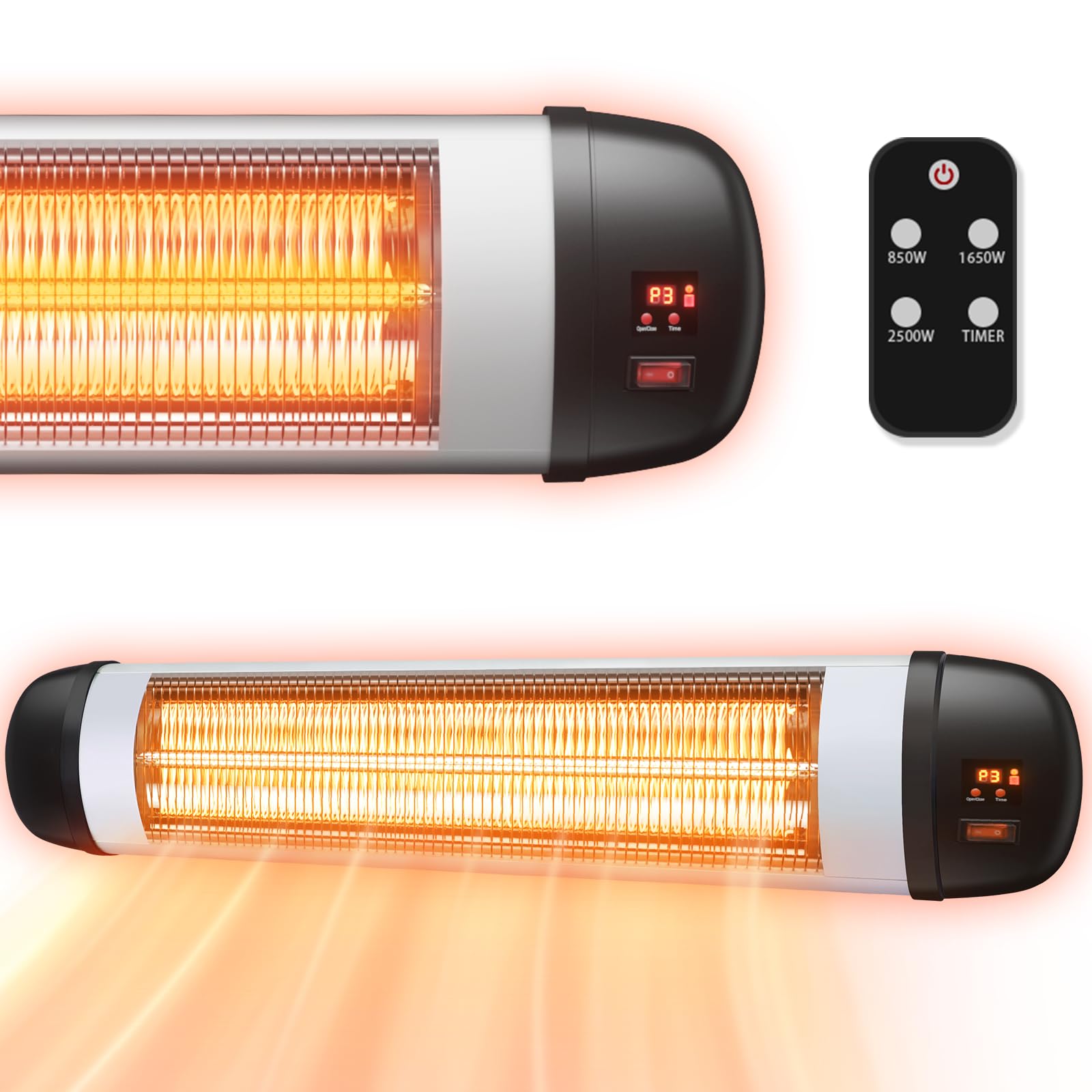 Stufa a infrarossi per terrazze, 2500 W, faretto a infrarossi per esterni, con telecomando, a parete, 3 livelli di riscaldamento, per terrazze, esterni, per bagno, balcone, giardino