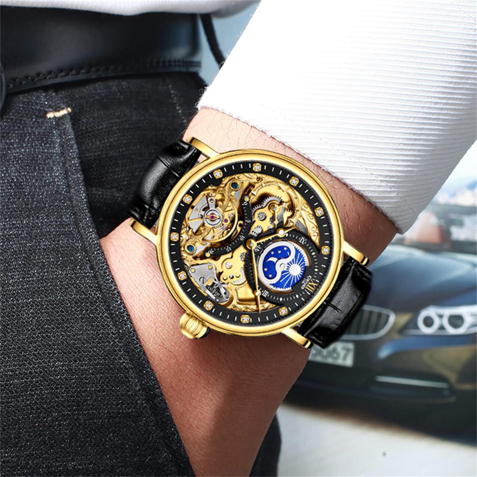 FORSINING Tourbillon Herren-Armbanduhr, Mondphase, automatische Armbanduhr, modisch, Business, Luxus-Skelett, Herren-Armbanduhr, Dual-Zeit-Selbstaufzug, Lederband, Allgold Black, Riemen