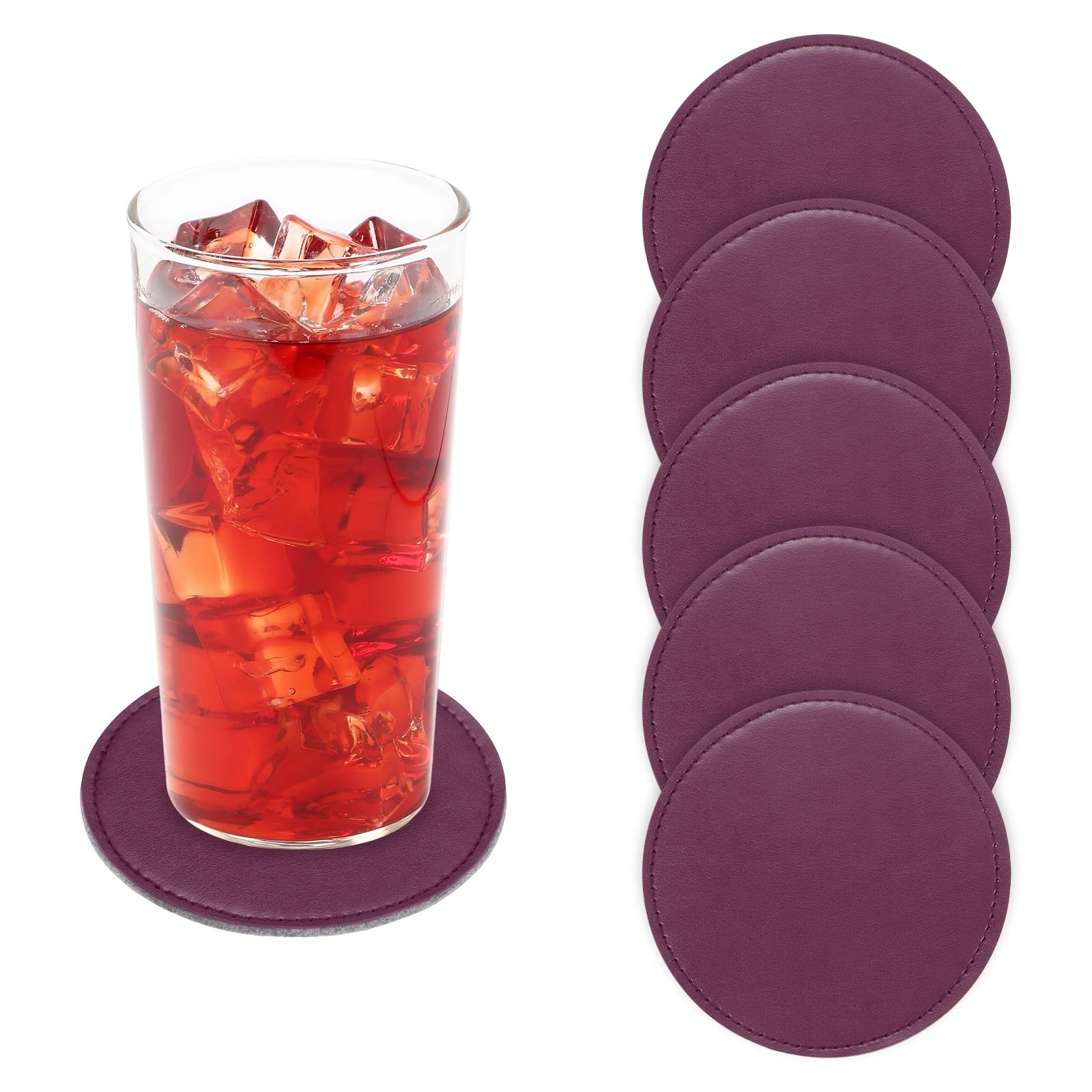 sourcing map 5Pcs PU Leather Coasters, 4" Round Drink Coasters Heat Resistant Water Absorbent Non Slip Cup Mat for Home Office Kitchen Bar Coffee Table Housewarming Gifts Decor, Wine Red