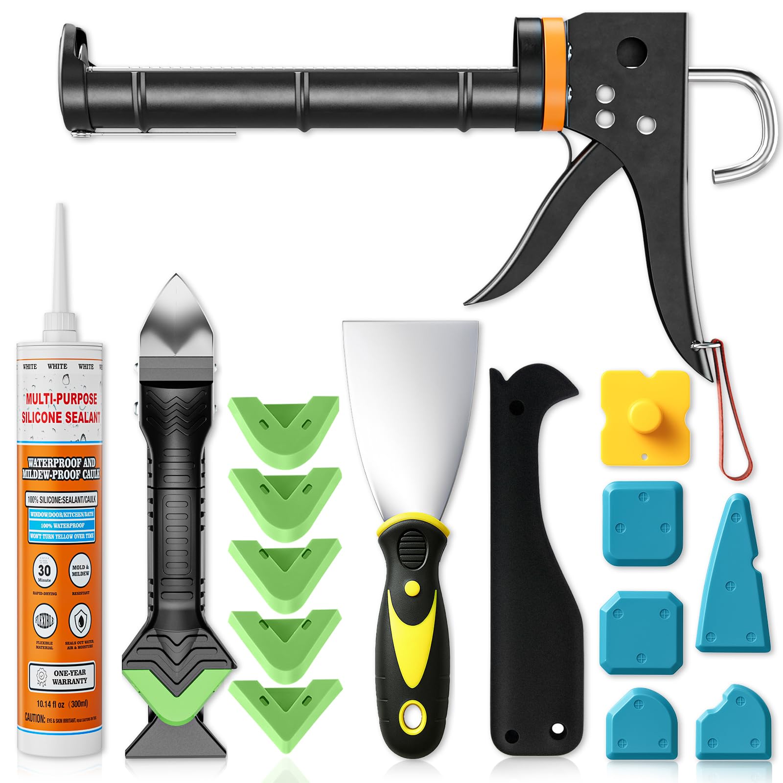 Caulking Gun Kit, Professional Caulk Gun No Drip with 5-in-1 Caulk Tool & Silicone Sealant,Caulking Tool Kit with Sealant Finishing Tools for Caulking Removal Bathroom, Kitchen, Window
