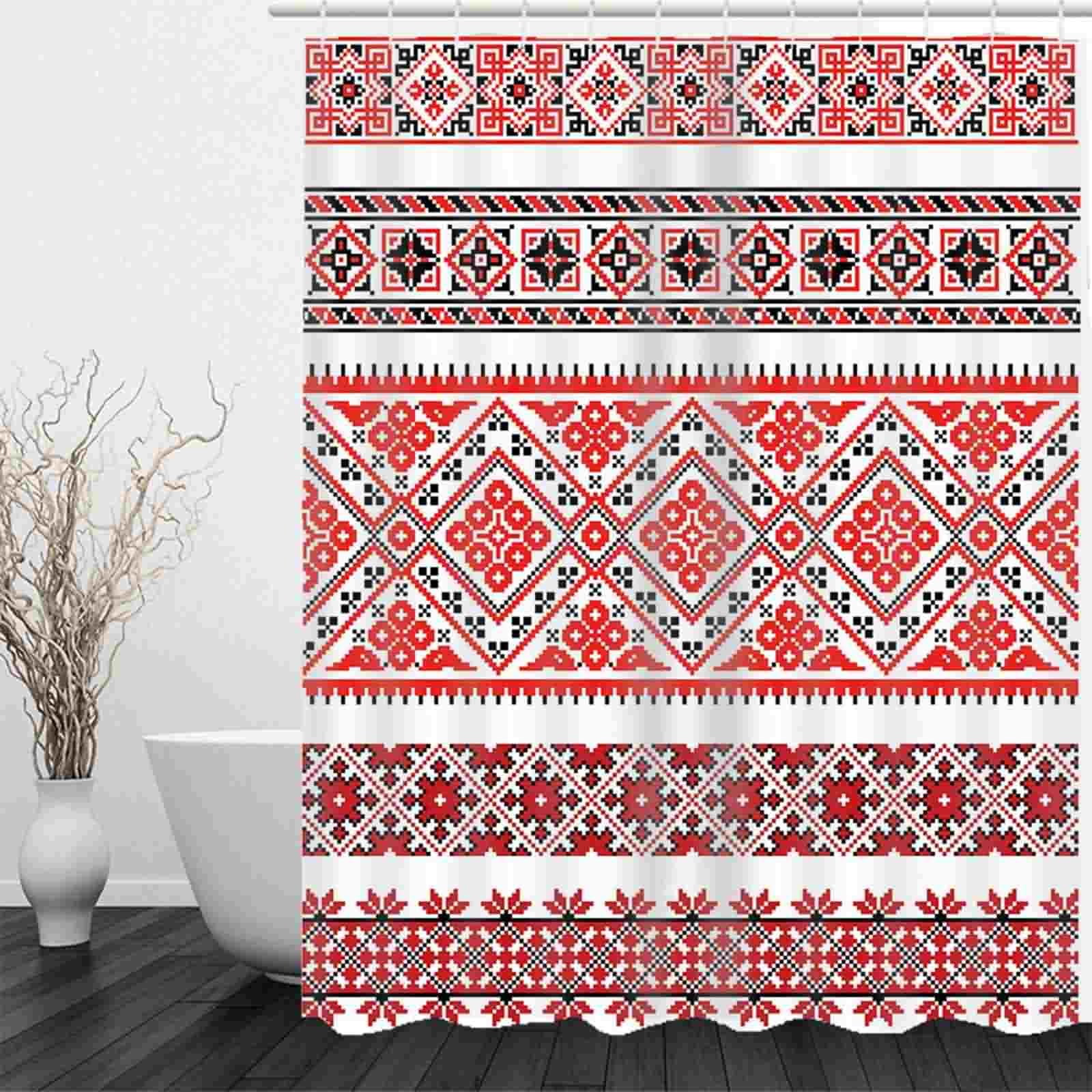 Rideau Douche Design Rideaux Long Géométrie en Forme d'herbe Losange avec Anneaux Intégré Orientale pour Baignoire/Douche, Taille Standard 220x180cm