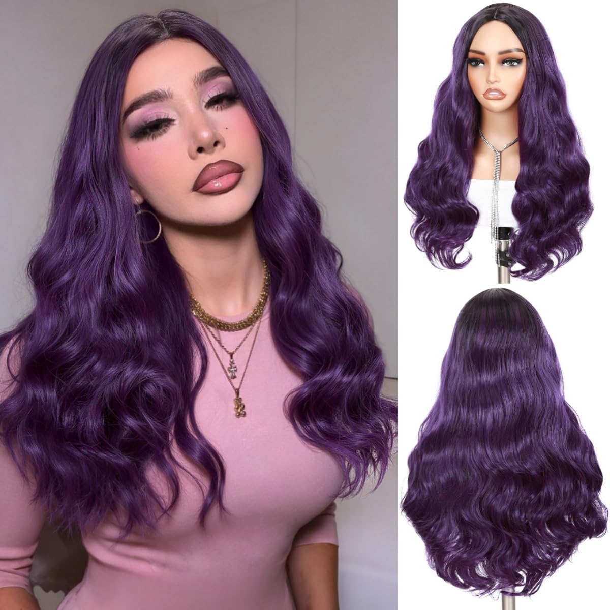 WIGER Purple Wavy Wigs 24 Inch Long Ombre Dark Purple Curly Hair for Women