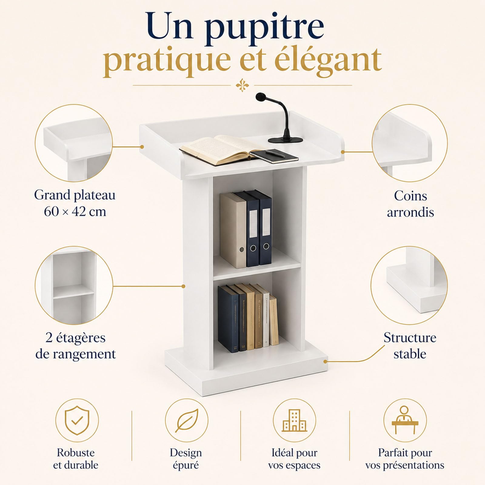 Podium en Bois Blanc, pupitres d'église Portables, pupitres de Salle de Classe, pupitres de réception sur Pied pour conférence, Auditorium, séminaire, école, Cours.