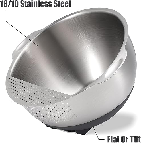 Miniatura 3 de Colador de arroz de acero inoxidable 1810, cuenco para lavadora, colador de buen agarre, escurridor lateral inclinable para lavar limpieza, enjuague