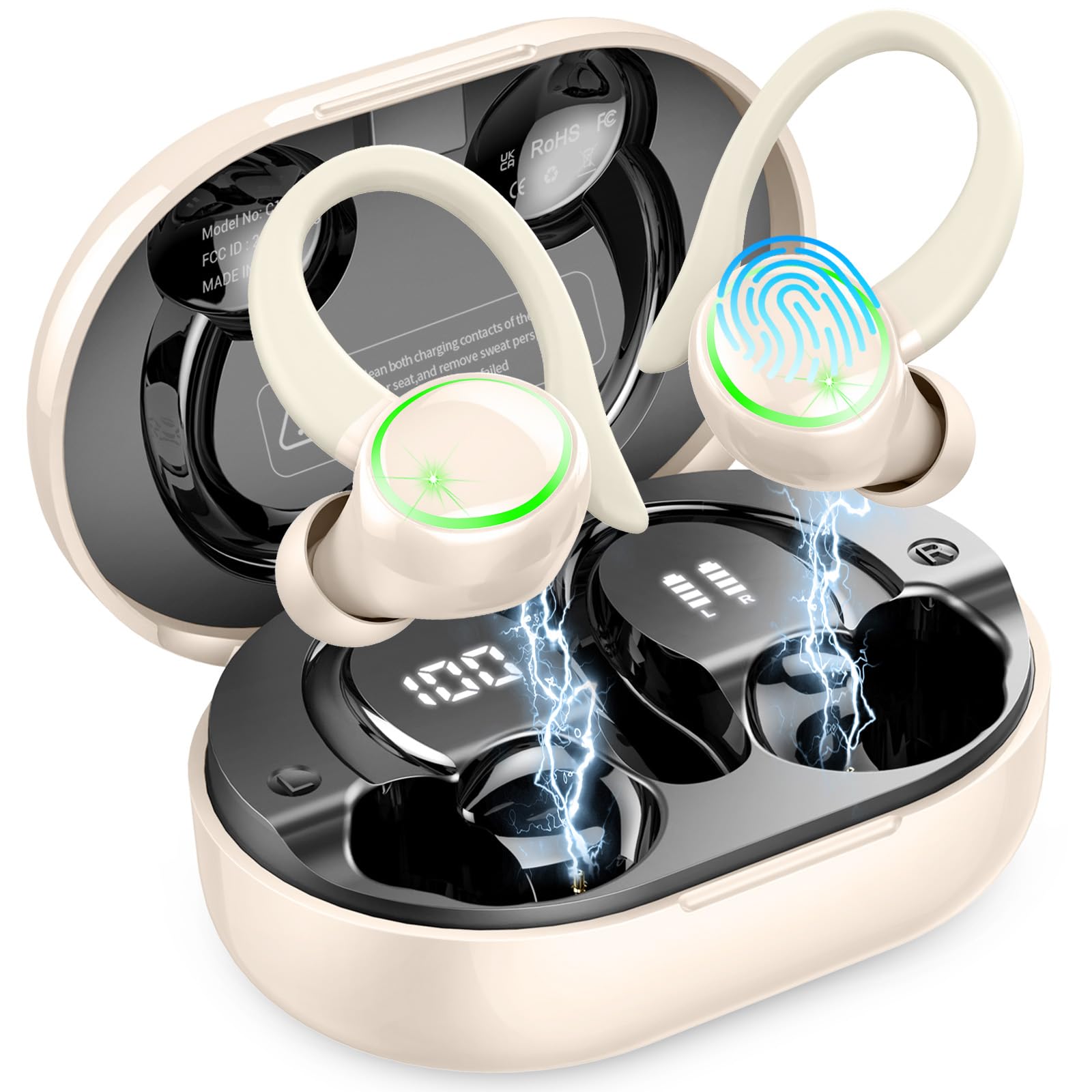 Cuffie Bluetooth sportive, senza fili, Bluetooth 5.4, Hi-Fi Stereo, 50 ore, con cancellazione del rumore ENC e 4 microfoni HD, indicatore LED, impermeabili IP7, auricolari senza fili con USB-C