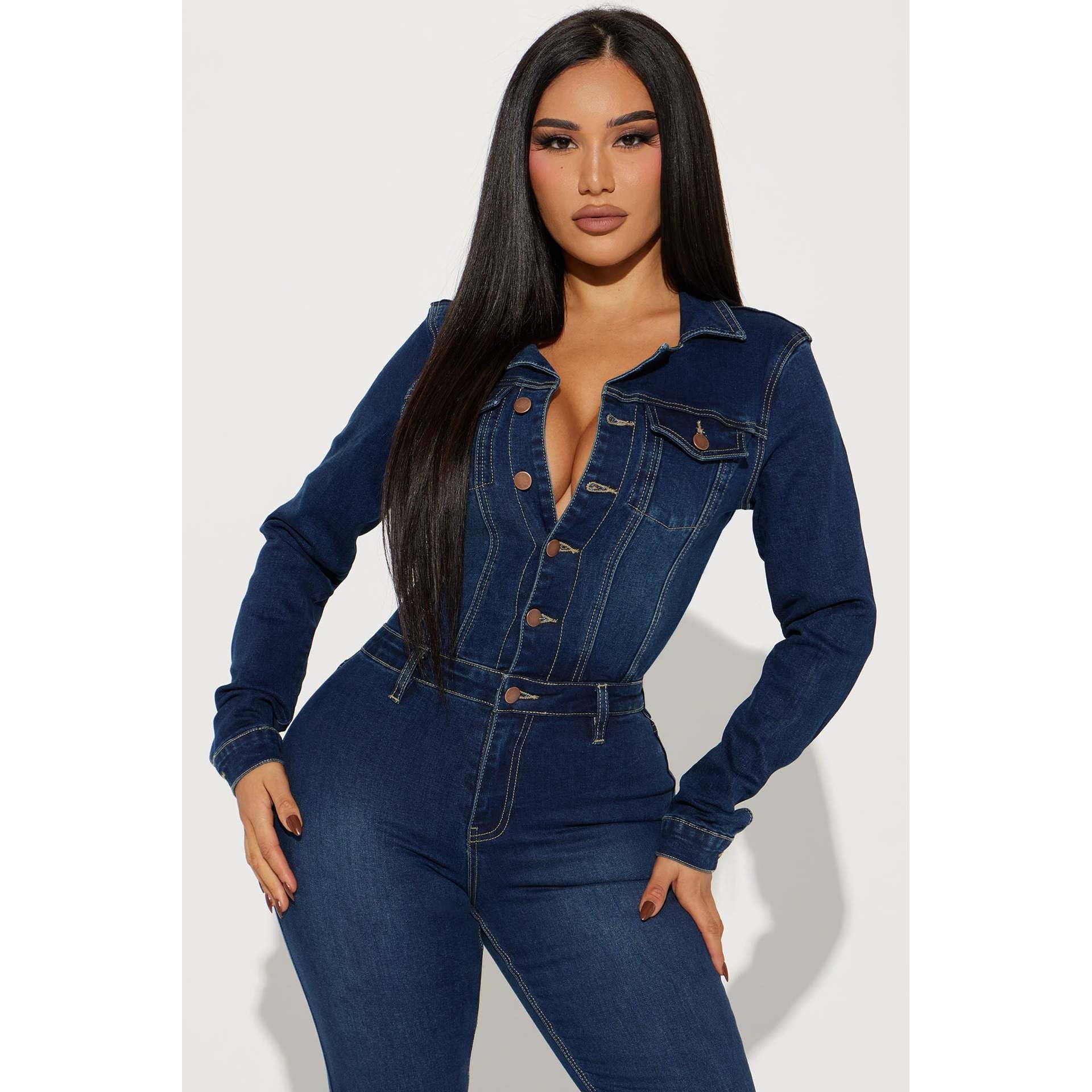 Tute Donne Jeans Tuta Intera Pantaloni Svasati