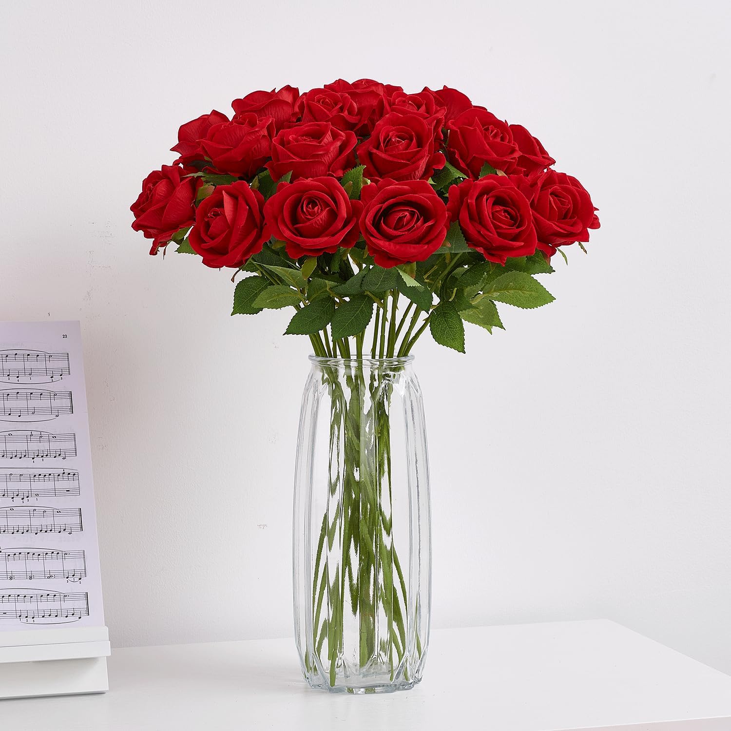 55 Pcs Red Velvet Roses Artificial Flowers with 20" Long Stems, 3.2" Large Flower Head Fake Roses Bulk, Realistic Faux Rose Bouquets for Tall Vases, Wedding Centerpieces, Home Party Decor