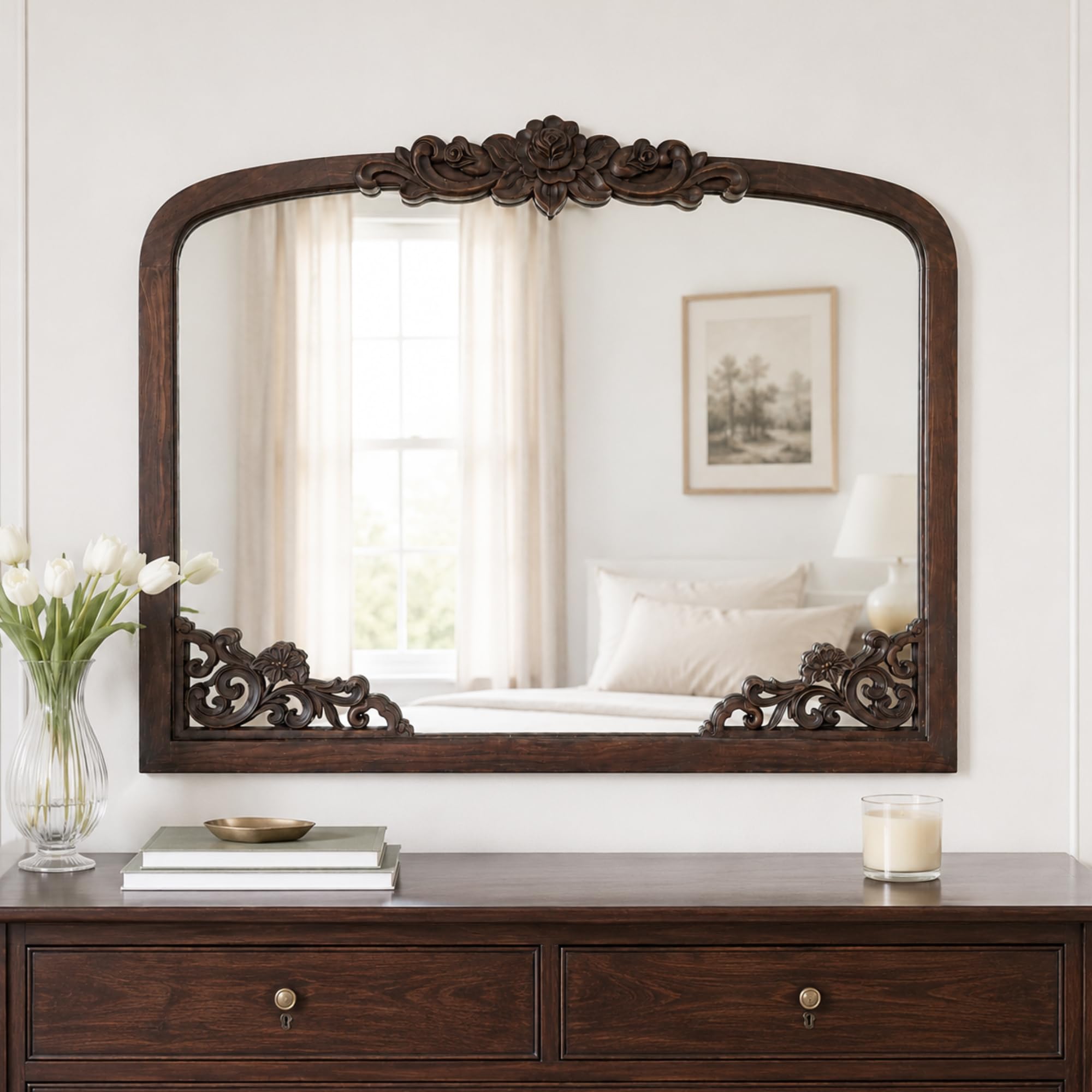 Saliwa Vintage Wood Framed Arched Mirror 32"x24", Traditional Antique Wall Mirror with Ornate Wooden Frame, Classic Decorative Arch Mirror for Bathroom, Bedroom, Living Room, Entryway and Home Decor