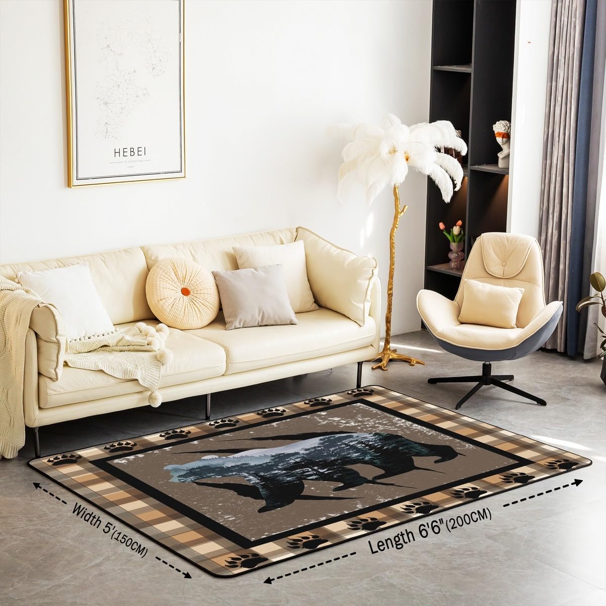 Erosebridal Bear Area Rug 5x7 for Bedroom,Wild Animal Footprints Carpet for Living Room,Pine Trees Indoor Floor Mat,Brown Buffalo Plaid Decorative Rug