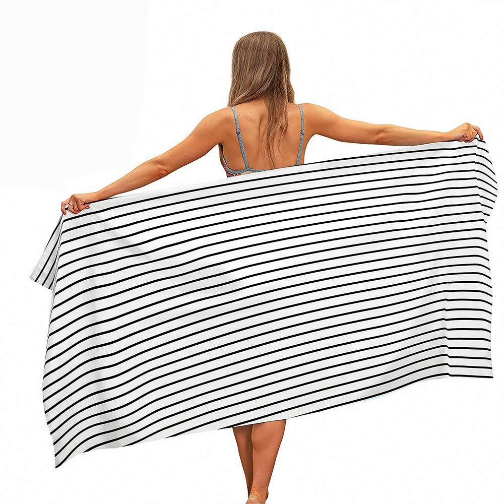 Surwin Beach Bath Towel, Microfibre Quick Dry Extra Large Lightweight Super Soft Summer Towels perfect for Travel, Swim, Camping, Fitness, Sports, Stripes Printing (Black white stripes,150x180cm)
