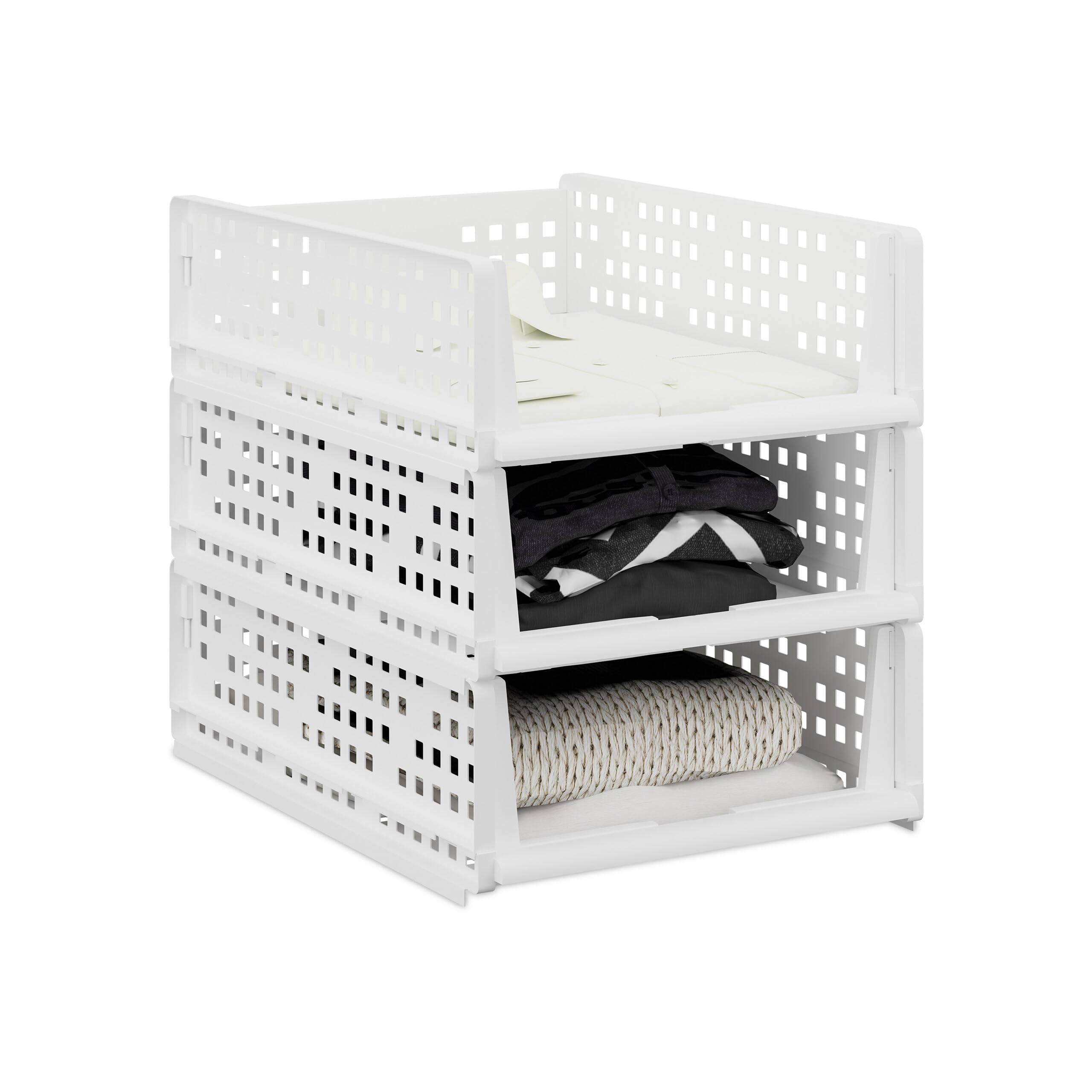 Relaxdays Wardrobe Organiser, Set of 3, Stackable Storage Boxes, 13 x 33.5 x 43.5 cm, Pull-Out Design, White