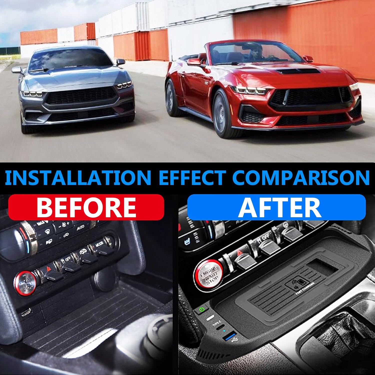 2025 New Version Car Wireless Charger for Ford Mustang 2015-2023 All Models, 15W Fast Charging Phone Tray with 27W USB + Type-c Port Qi Phone Wireless Charger, Black