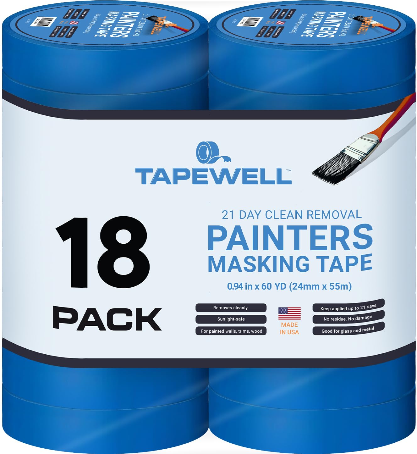 Multi-Surface Blue Painters Tape 1 Inch (0.94 X 60 Yards), No Resuide, Removes Easily Blue Masking Tape, Pack of 18