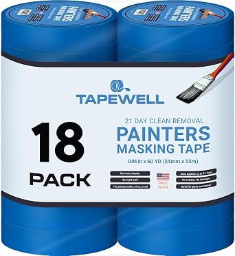 TAPEWELL Multi-Surface Blue Painters Tape 1 Inch 0.94 X 60 Yards, No Resuide, Removes Easily Blue Masking Tape, Pack of 18