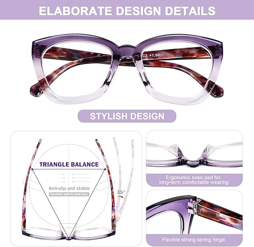 Miniatura 4 de AQWANO Gafas de lectura de ojo de gato de gran tamaño para mujer, bloqueo de luz azul, filtro de rayos UVdeslumbramiento, lectores de computadora de