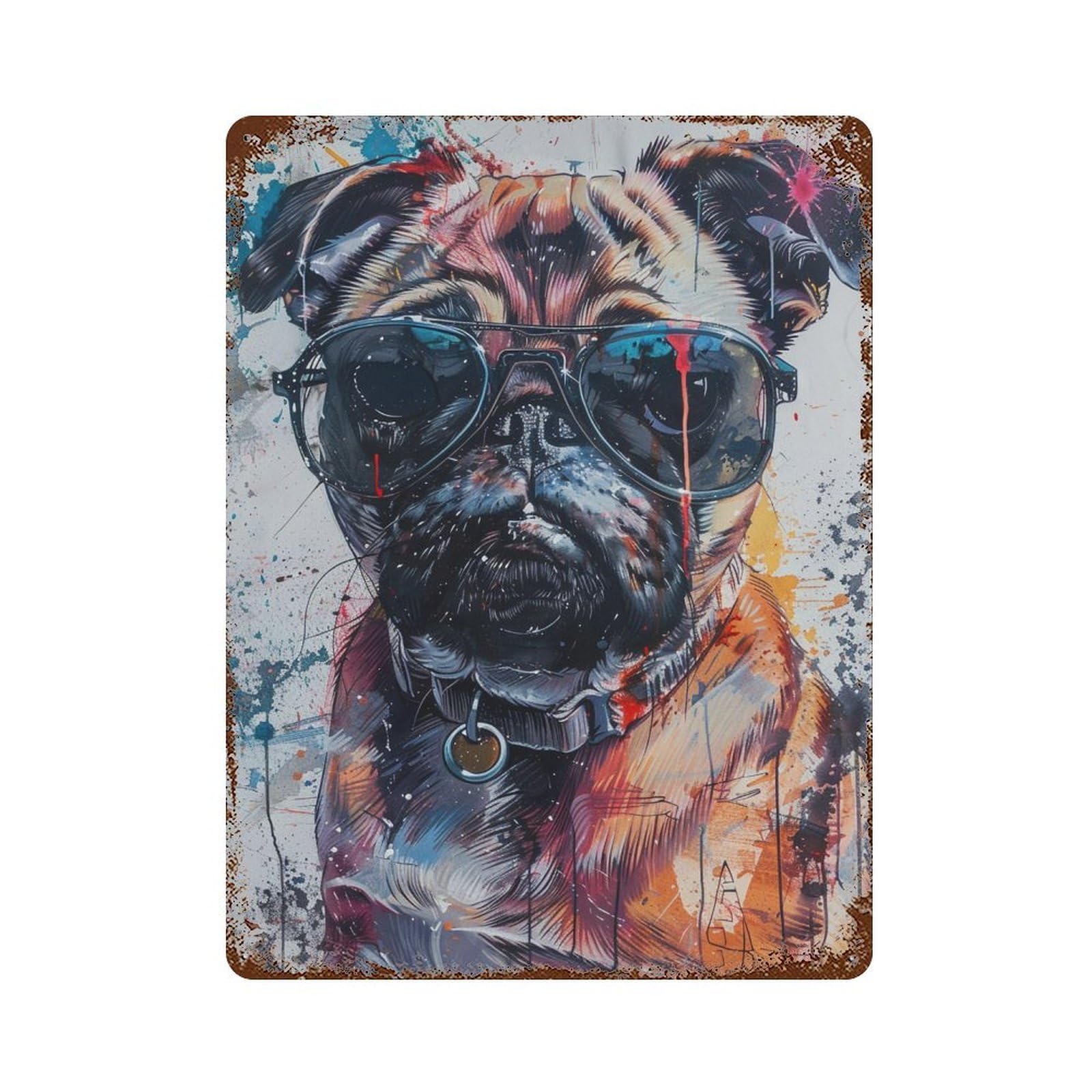 Garage Style Stylish Pug with Sunglasses Rusty Metal Tin Sign 15.7"x11.8", Classic Wall Plaque for Bar And Workshop
