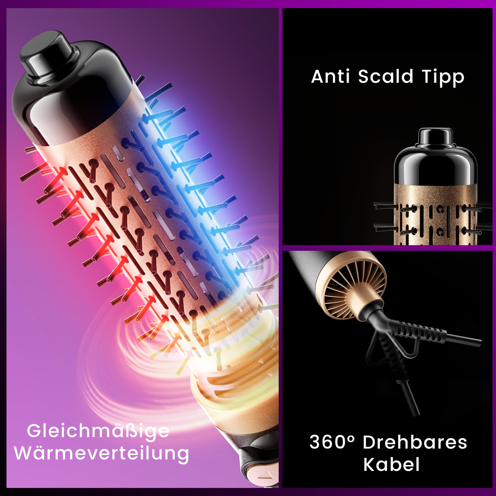 Rotierende Warmluftbürste, 3-in-1 Rundbürstenföhn mit 2 Bürsten (1,5"&2") zum Trocknen Styling Voluminierende Curling Schlafen in einem Schritt, 3 Temperaturen, Negativ-Ionische