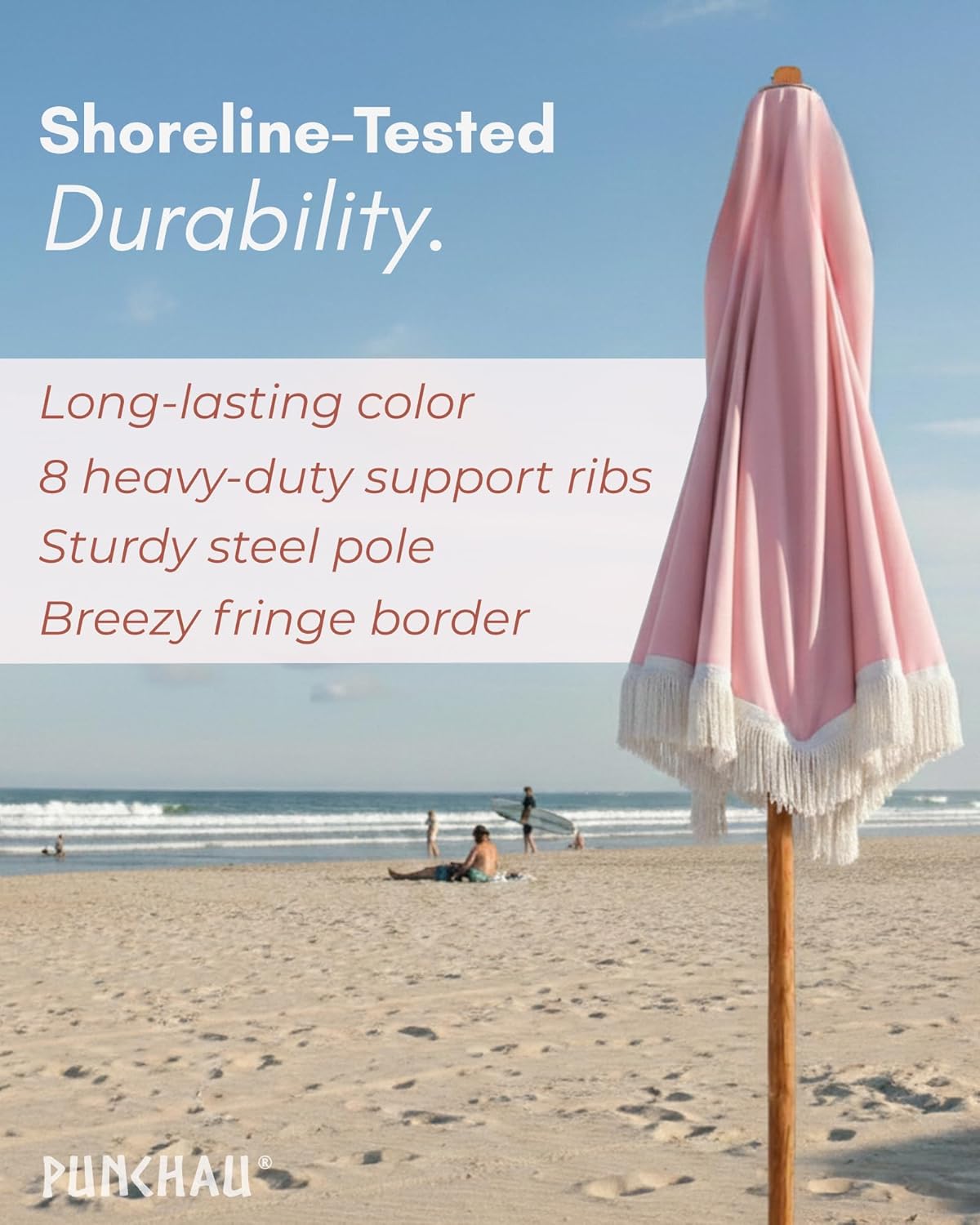 6 Ft Fringe Patio Umbrella - Outdoor Umbrella for Patio, Pool, Table, Garden, Deck, Beach, and Outdoors - Fashionable Boho Vintage Tassels & Wood Print - Push Button Tilt Pole