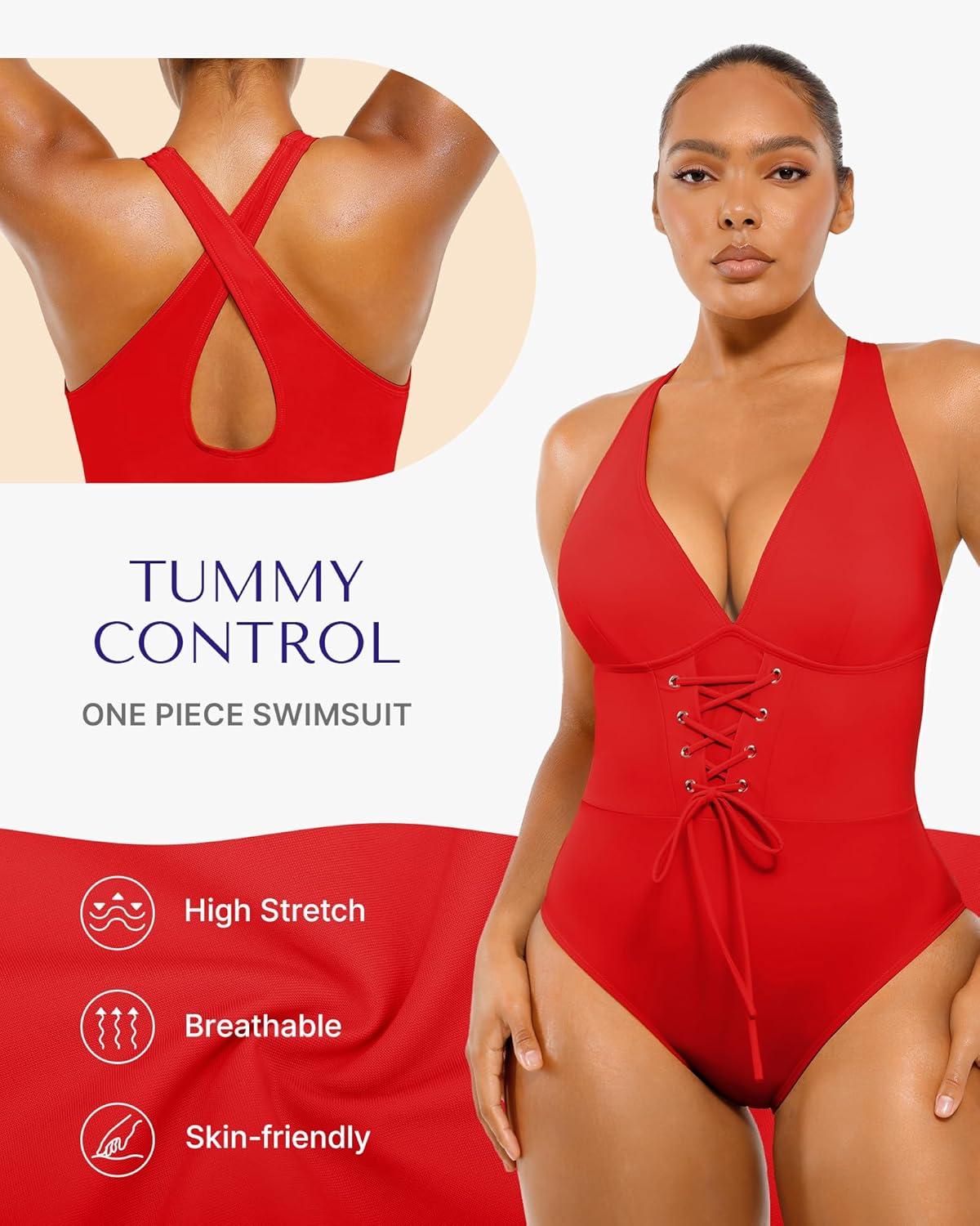 SHAPELLX Women One Piece Swimsuits Tummy Control Bathing Suits Push Up Slimming Swimwear with Built-in Bra V Neck - Image 2