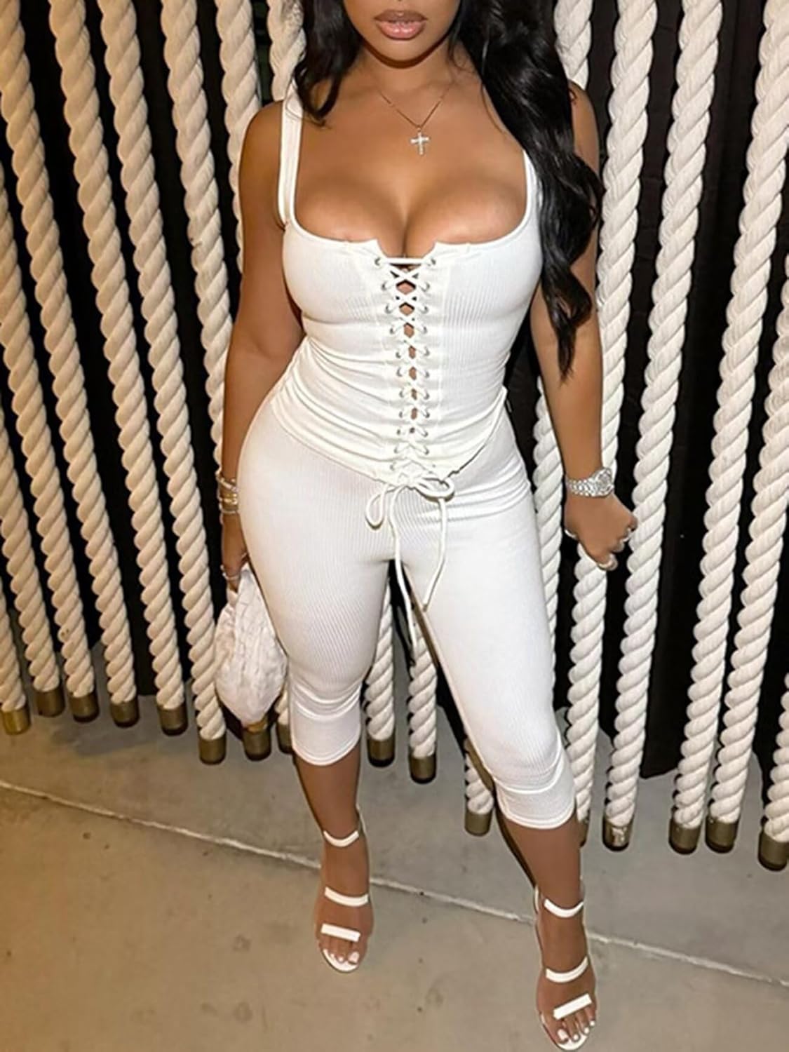 Uni Clau 2 Piece Sets for Women Ribbed Knit Sleeveless Hollow Tie Down Tank Top and Capri Legging Bodycon Set Jumpsuits - Image 5