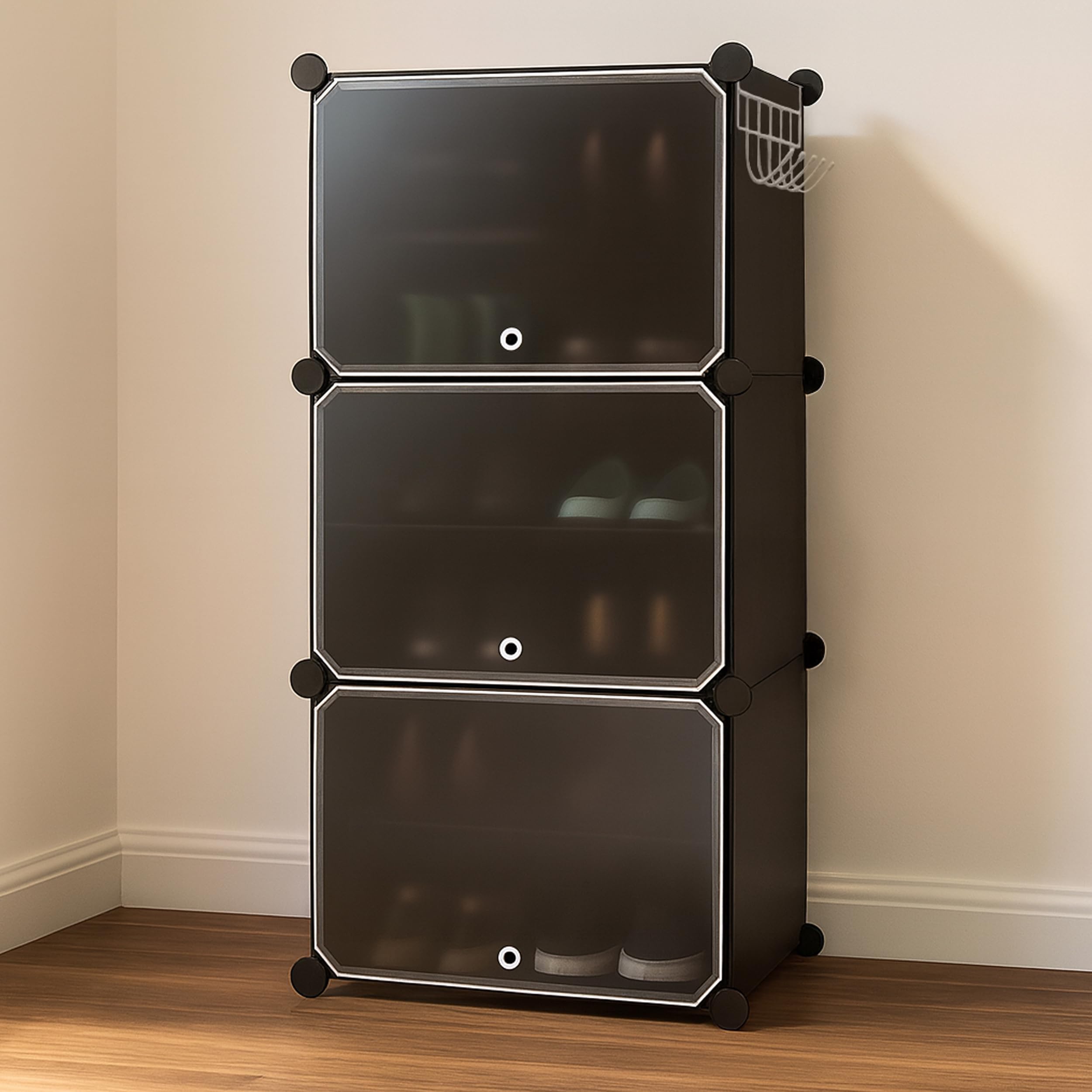 Oumffy Plastic Shoe Rack for Home | 𝟔 𝐋𝐚𝐲𝐞𝐫 Shoe Organizer Cabinet with 𝟑 𝐃𝐨𝐨𝐫𝐬 | Dustproof Shoe Storage Rack for Entryway, Bedroom & Living Room | Space Saving Multipurpose Stand | Black-image-32