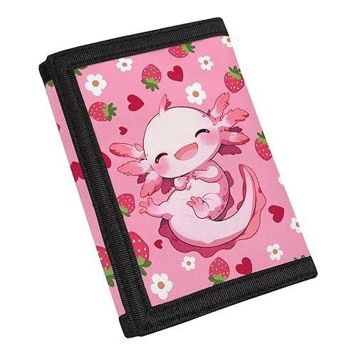 Cozeyat Strawberry Axolotl Kids Wallet for Girls Ages 5-7 8-10 10-12 RFID Trifold Canvas School Coin Pocket with Zipper Cute Novelty Card Holder for Sports Children Birthday Festival Gifts