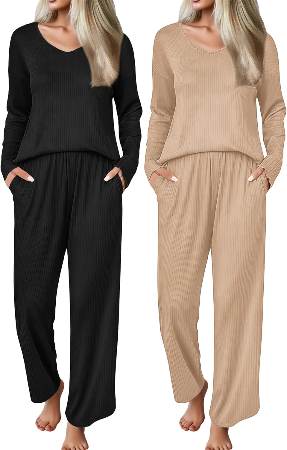 Ekouaer 2 Pack Womens Ribbed Knit Pajama Sets V Neck Soft Lounge Sets Long Sleeve PJs Loose Matching Outfits Set