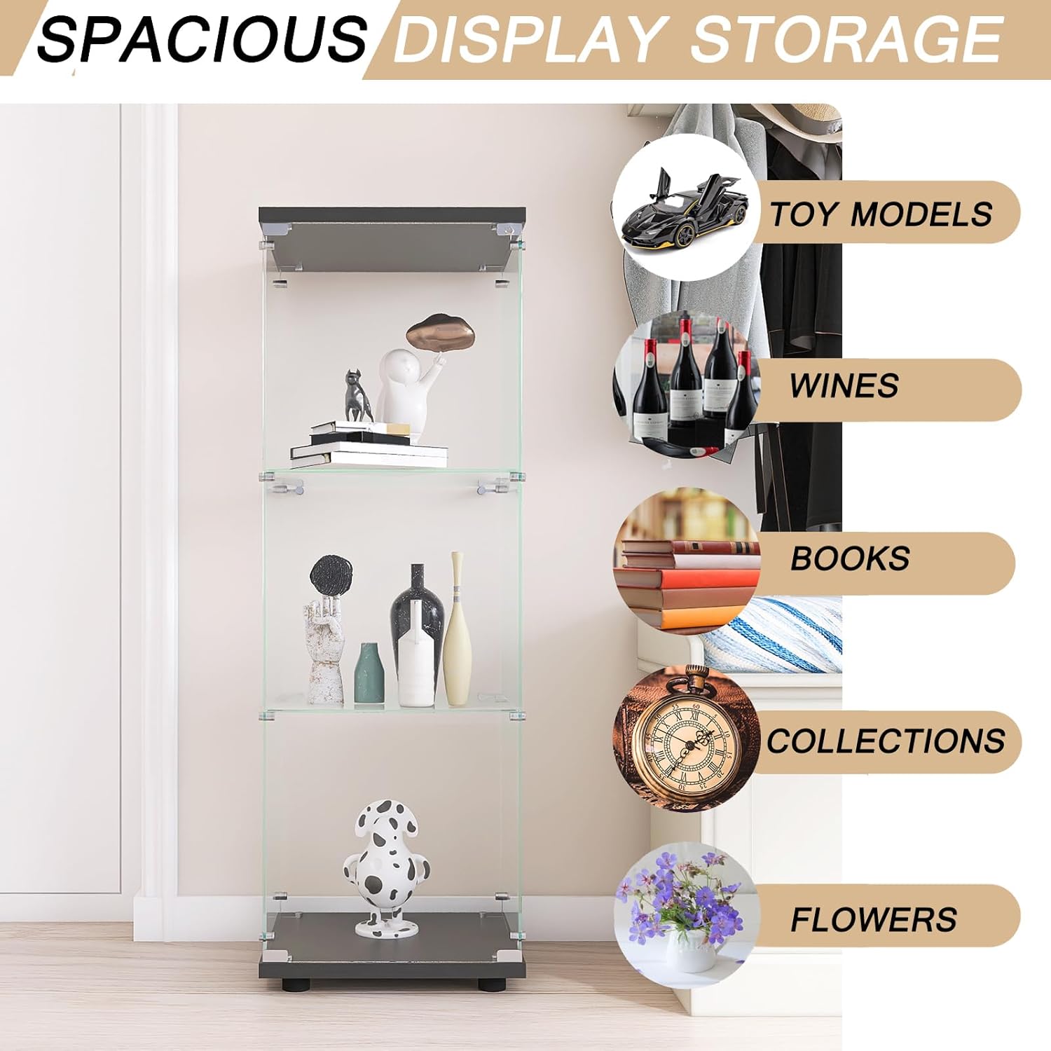 Glass Display Cabinet, 3 Shelves Glass Curio Cabinet Display Case, Floor Standing Glass Bookshelf Corner Cabinet for Living Room Bedroom Home Officee, 49.3" H x 16.7" W x 14.3" D, Black