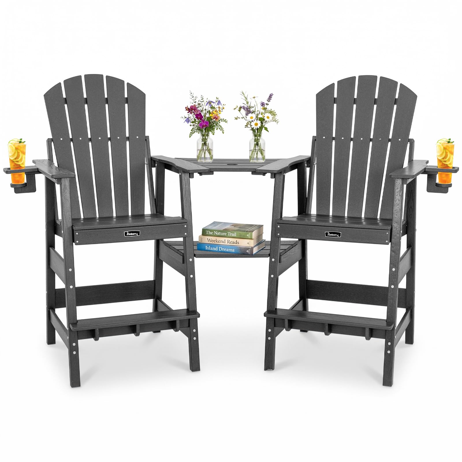 FUNBERRY Tall Adirondack Chair Set of 2 with Tables, High Top Balcony Chair