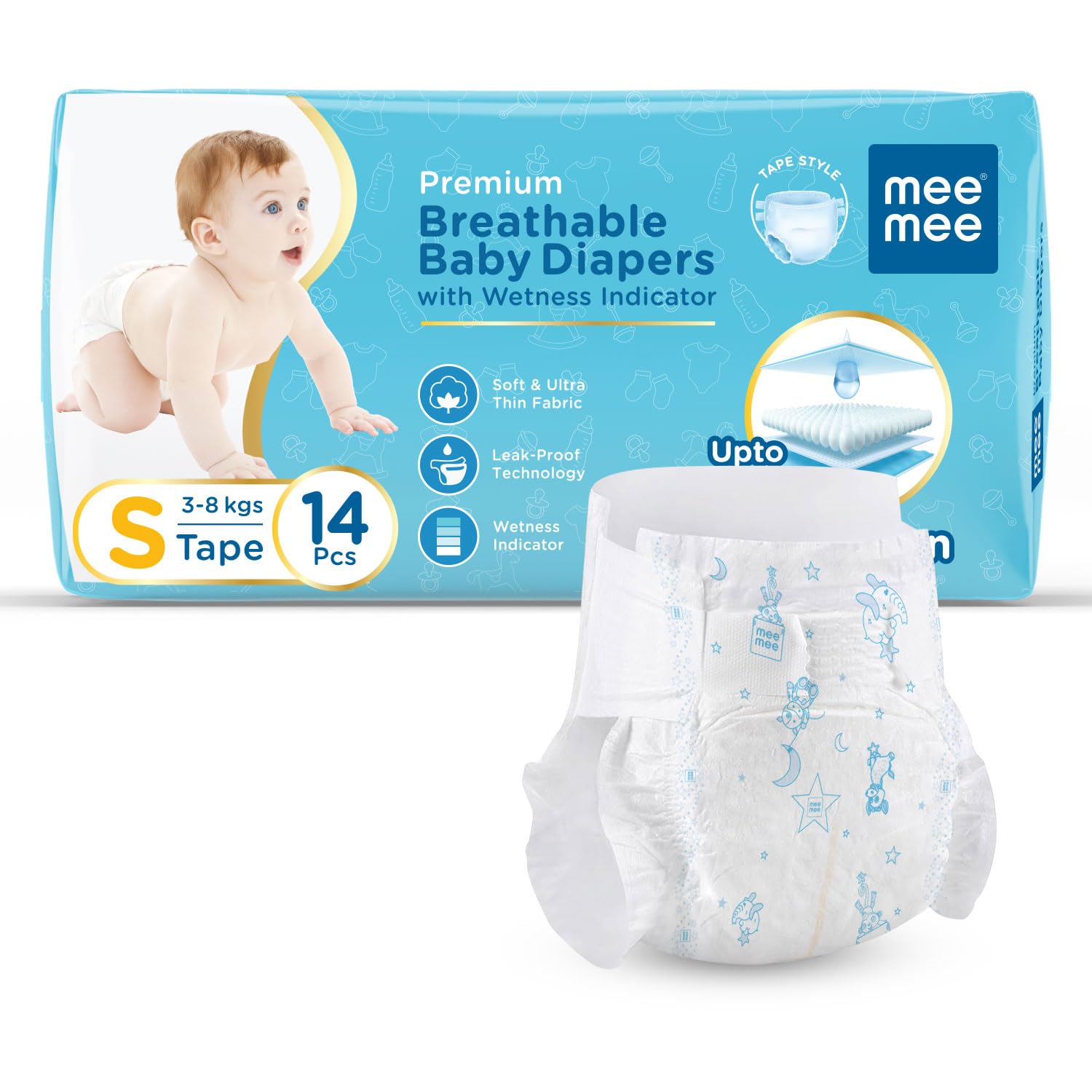 Mee Mee Premium Breathable Baby Diapers | Small Size Baby Taped Diapers | 14 PIECES | Skin Friendly, Super Absorbent, Cotton Soft with Wetness Indicator (Small, 14 PIECES)