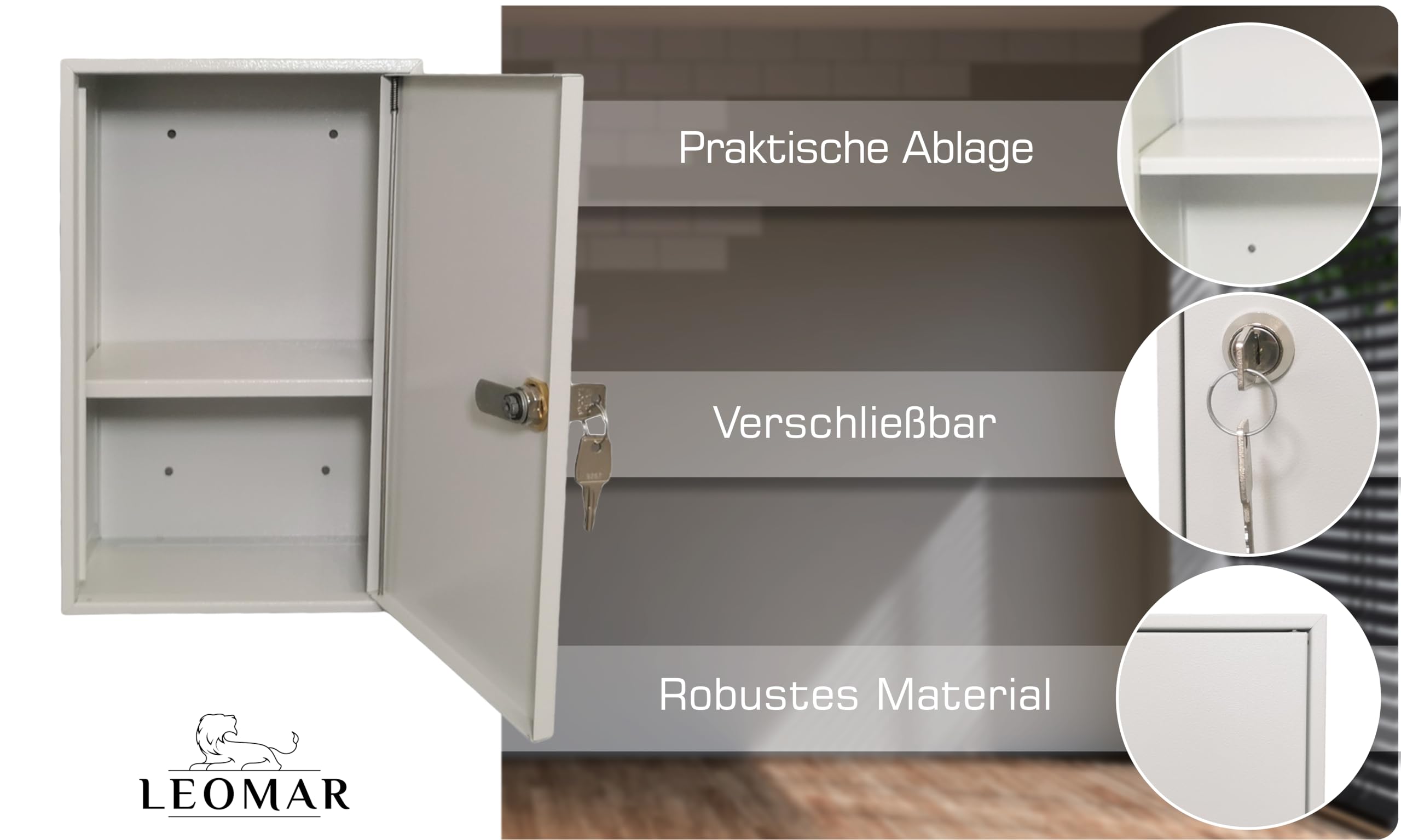 LEOMAR Medizinschrank, Apothekerschrank aus Stahlblech, mit 1 Ablage, Abschließbar, Hausapotheke inkl. 2 Schlüssel, Medikamentenschrank, Erste-Hilfe-Schrank mit Metalltüren, 12 x 20 x 32 cm