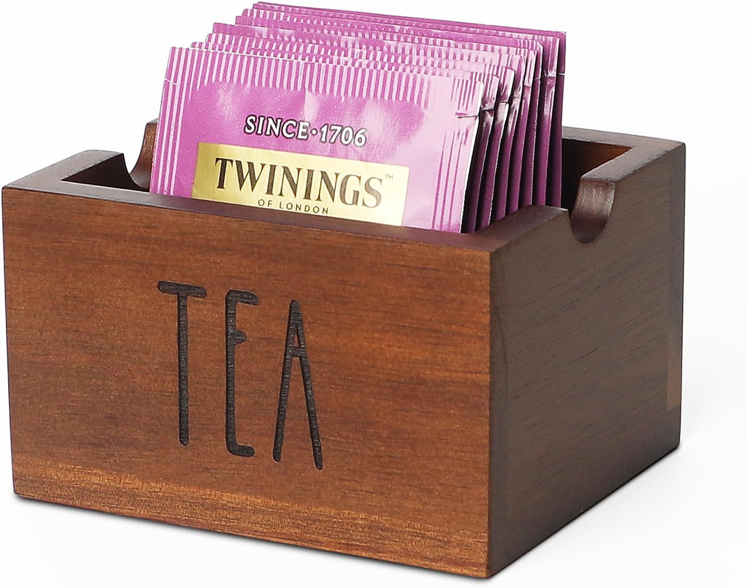 Acacia Sugar Packet Caddy for Coffee Bar, Farmhouse Wood Sugar Holder Packets , Sugar Packet Container, Small Tea Bag Organizer for Office Table,Hotel, Restaurant, Brown Labeled "Tea"