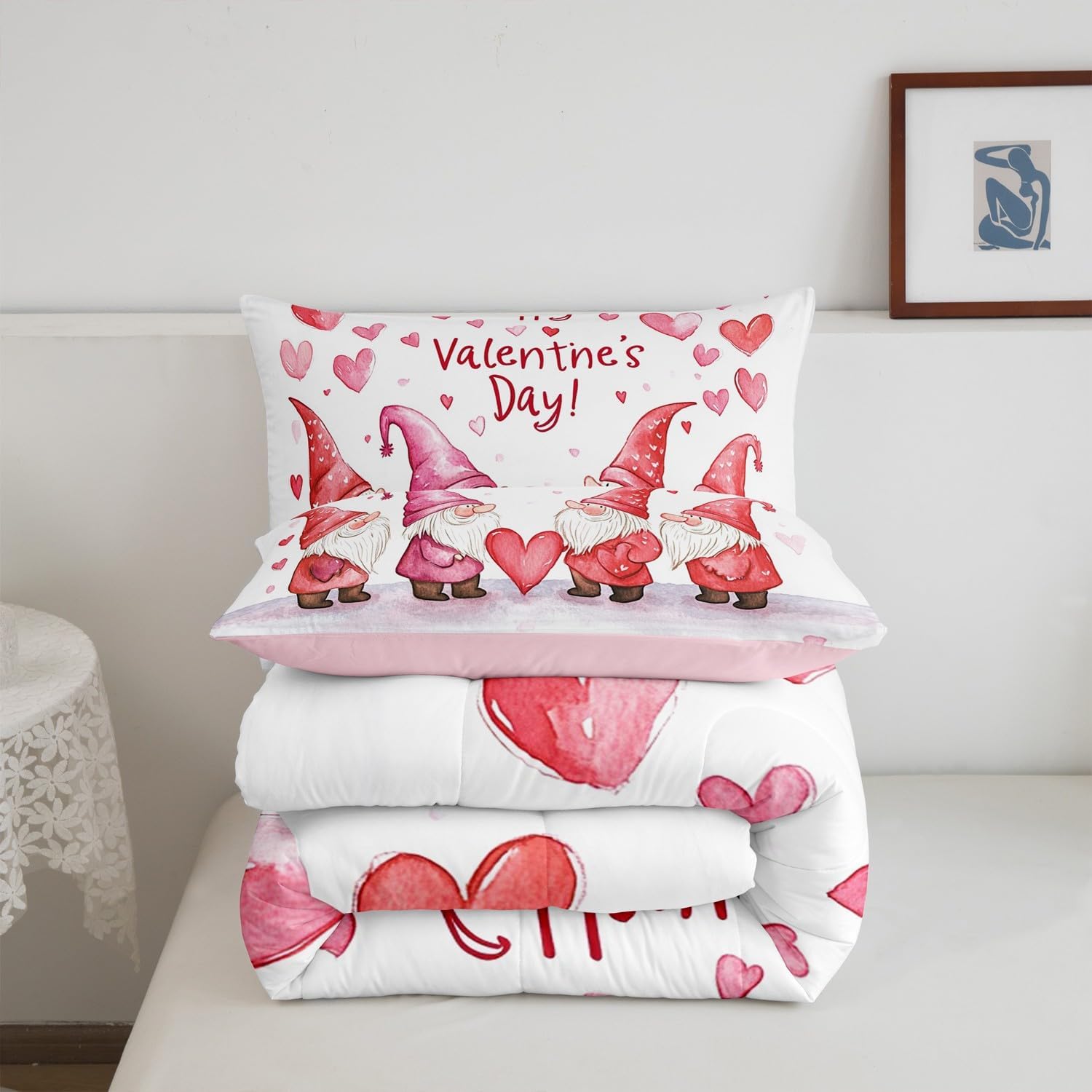 Feelyou Red Pink Love Hearts Comforter Set,Pink Gnome Bedding Set King Size for Women Girls Bedroom Room Decor,Love Hearts Print Comforter,Valentine's Day Bed Set
