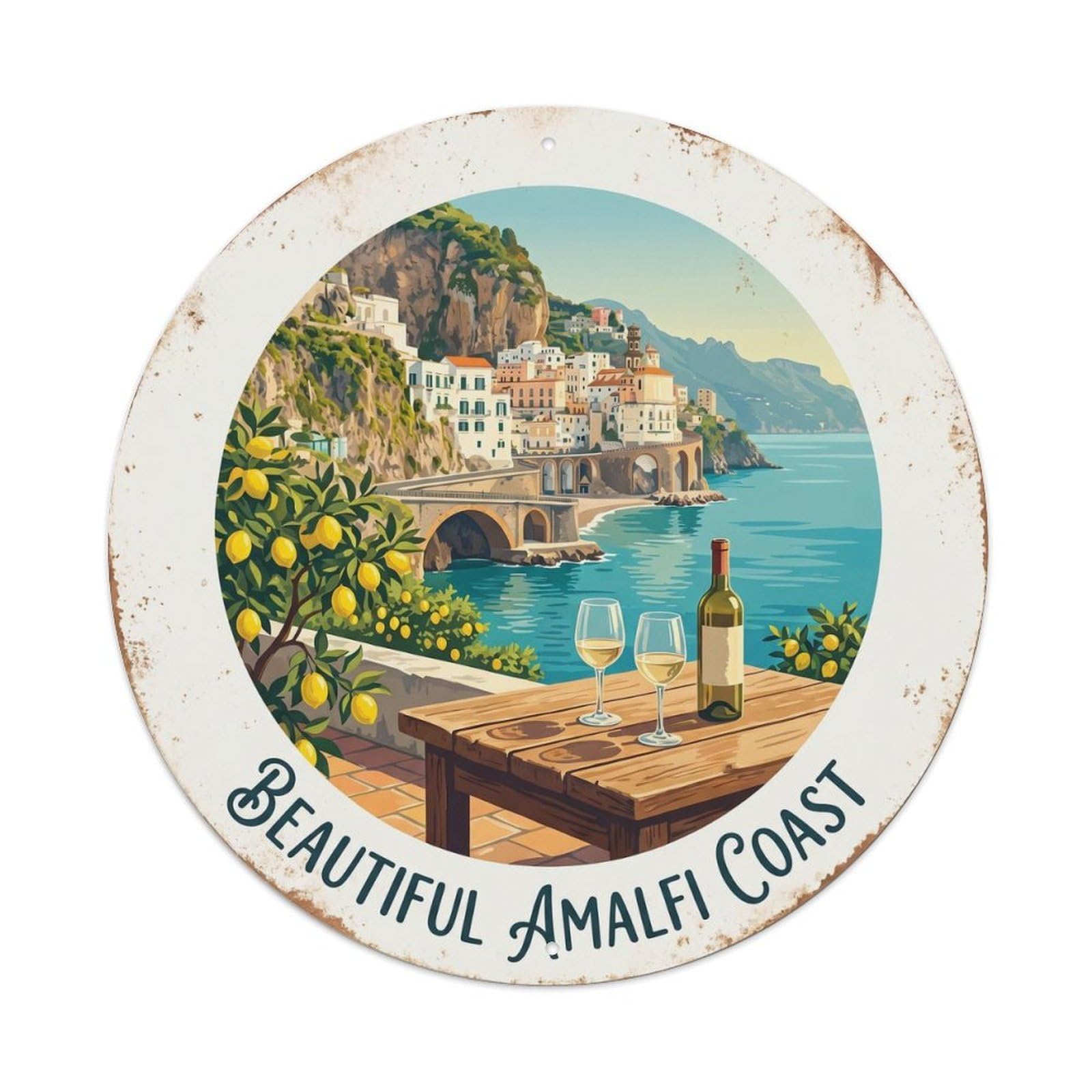 Vintage Travel Italian Coastal Wine Terrace Metal Tin Sign Plaque