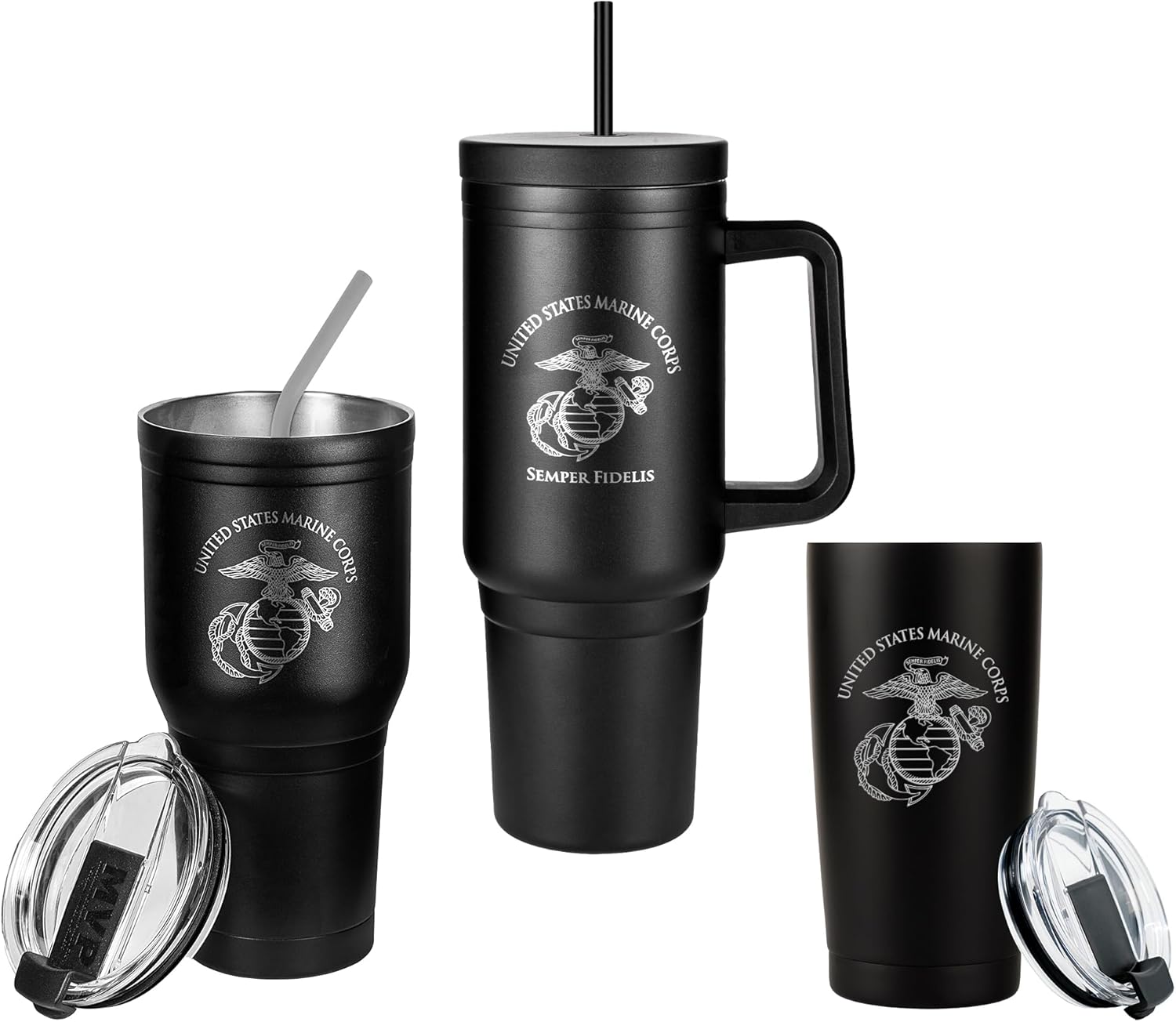 USMC Tumbler Bundle: 40oz with Handle, 30oz & 20oz Tumblers - Marine Corps Gifts - Insulated Stainless Steel - Disabled USMC Vet Owned Business