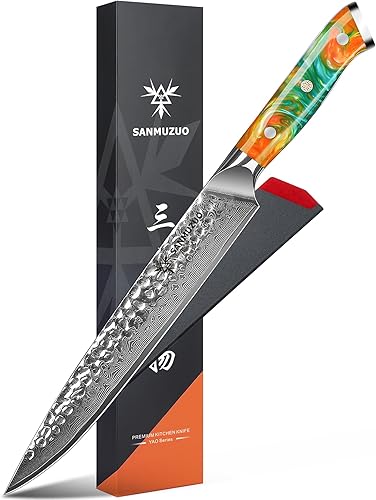 Vista 57 de Cuchillo Santoku de 7 pulgadas - Cuchillo japonés de chef - Mango de acero y resina de Damasco martillado - Serie YAO