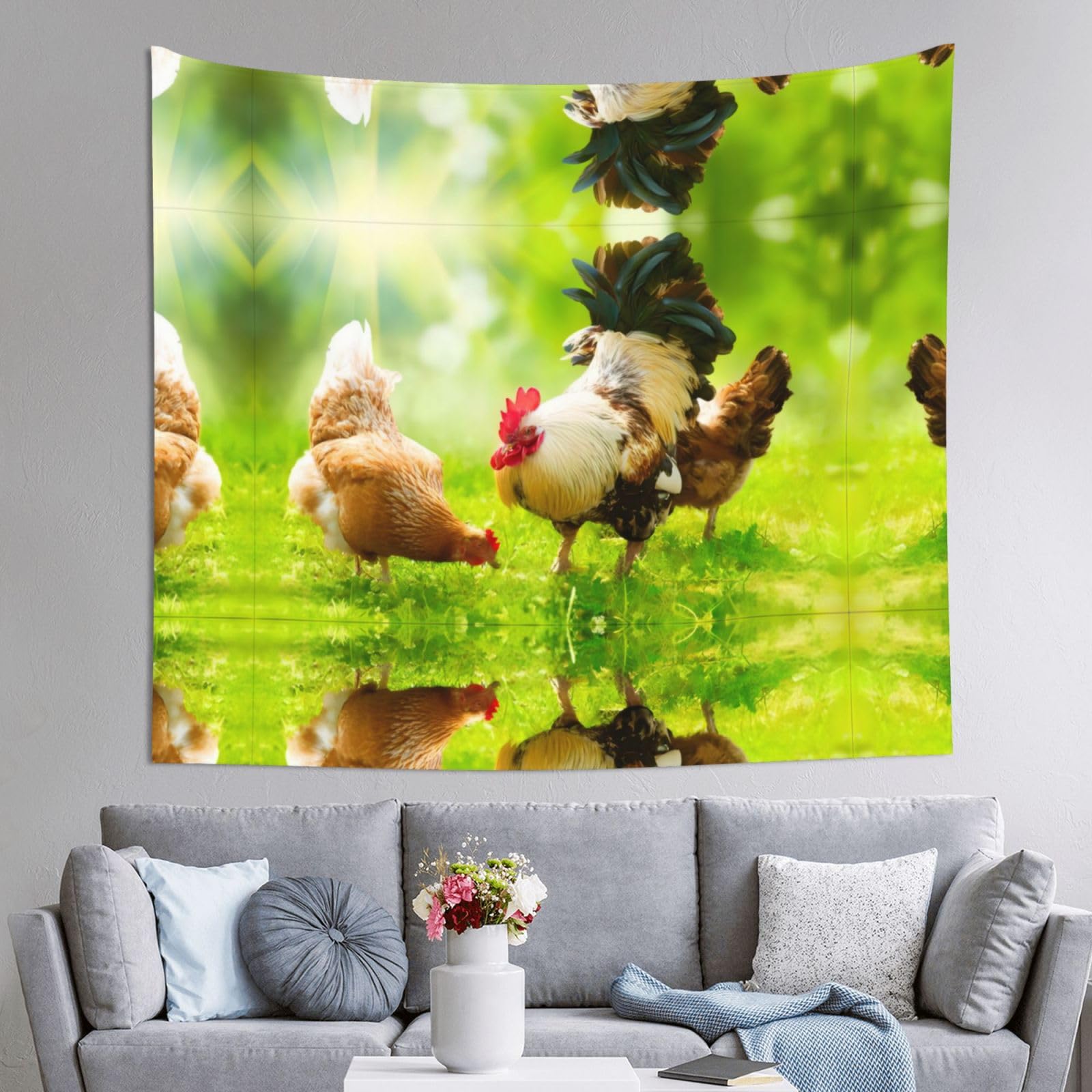 HLSBSSL 60x51in Farm Rustic Chickens Printed Tapestry Tablecloth for Dormitory and Picnic Rooms - Multifunctional Fabric Hanging