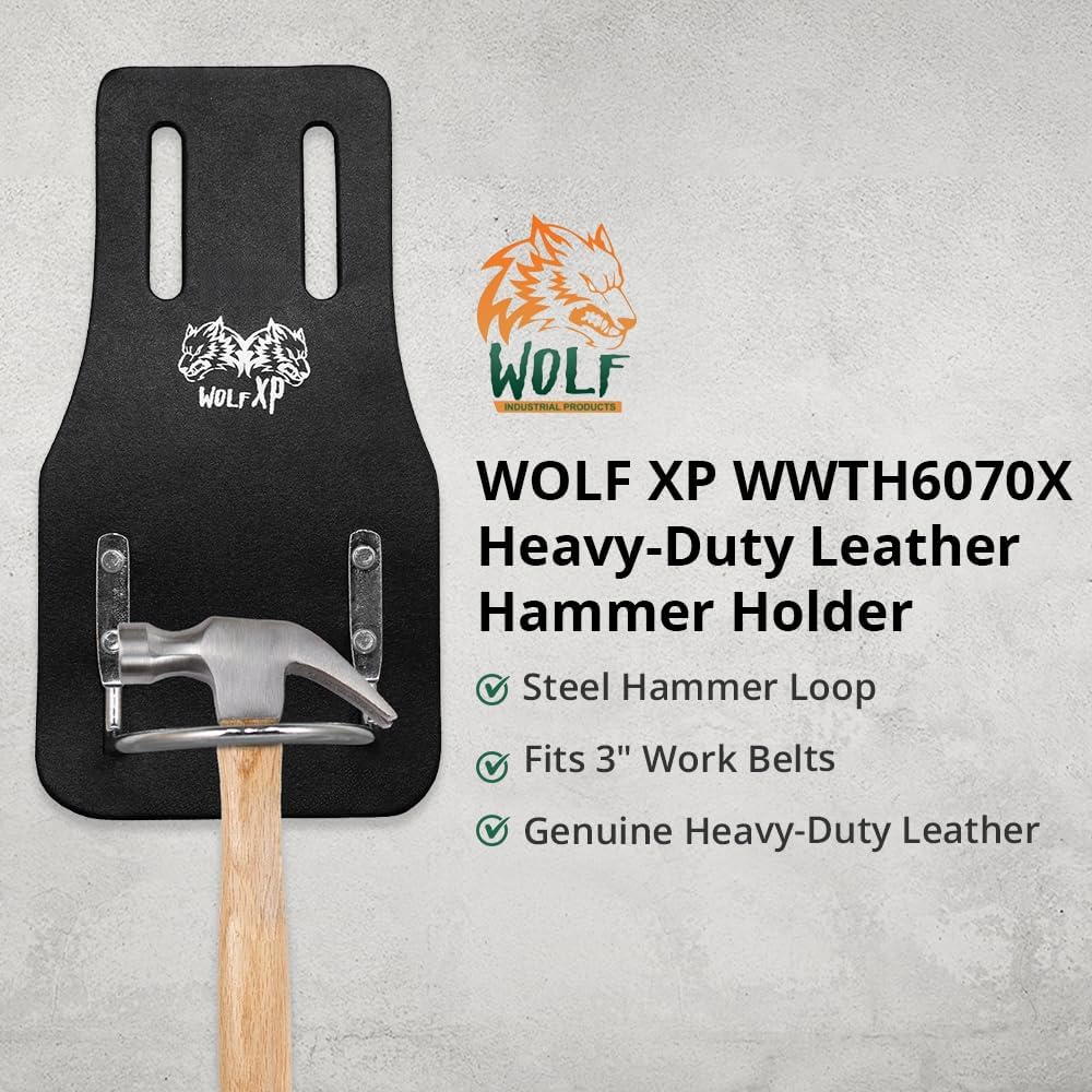 Wolf XP WWTH6070X Heavy-Duty Genuine Leather Hammer Holder | Tool Holster for Men | Steel Loop | Soporte para Martillo | Portamartillo para Hombre | Construction Contractor | Fits 3-inch Belts