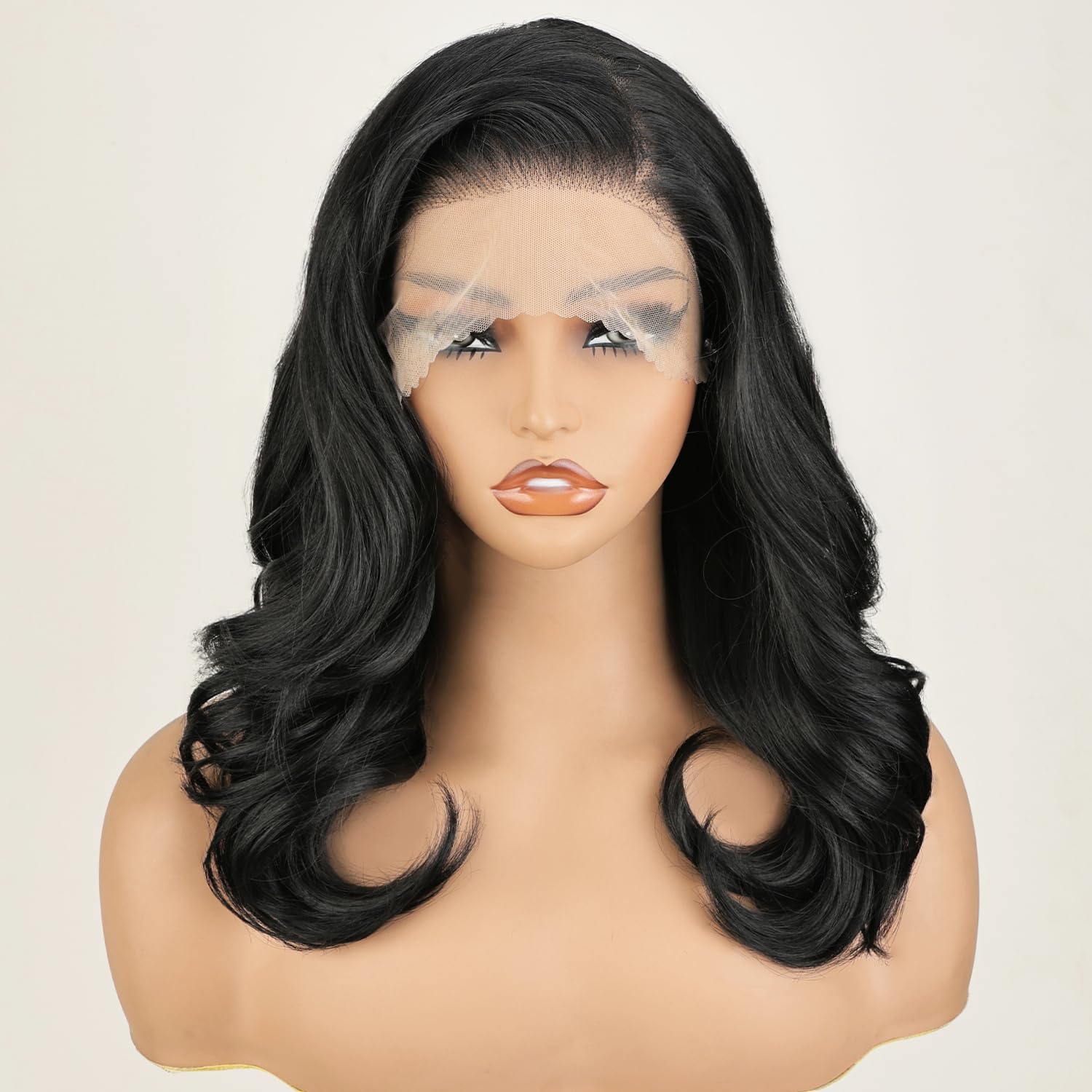 SOKU 13X6 Body Wave Lace Front Wigs Pre Layered, 18 Inch Short Wavy Glueless Wigs Pre Plucked, Natural Black Synthetic Lace Front Wigs for Women,