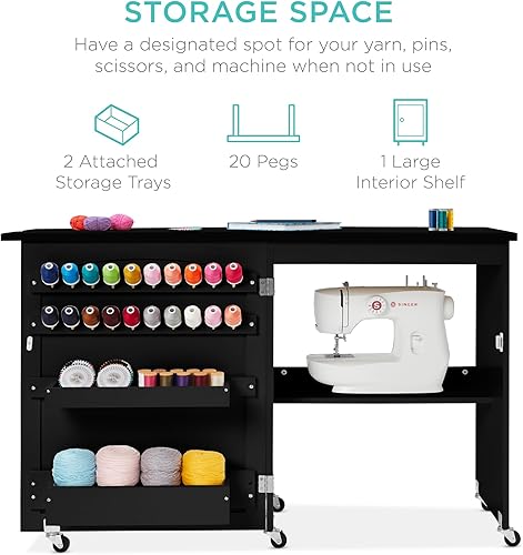 Miniatura 3 de Best Choice Products Mesa de costura plegable multiusos para manualidades y escritorio lateral con diseño compacto, ruedas, estantes, bandejas